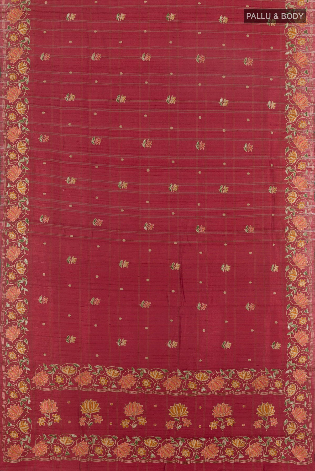 Flat view of Maroon Tussar Saree with Embroidery on the body and Embroidery Border. 