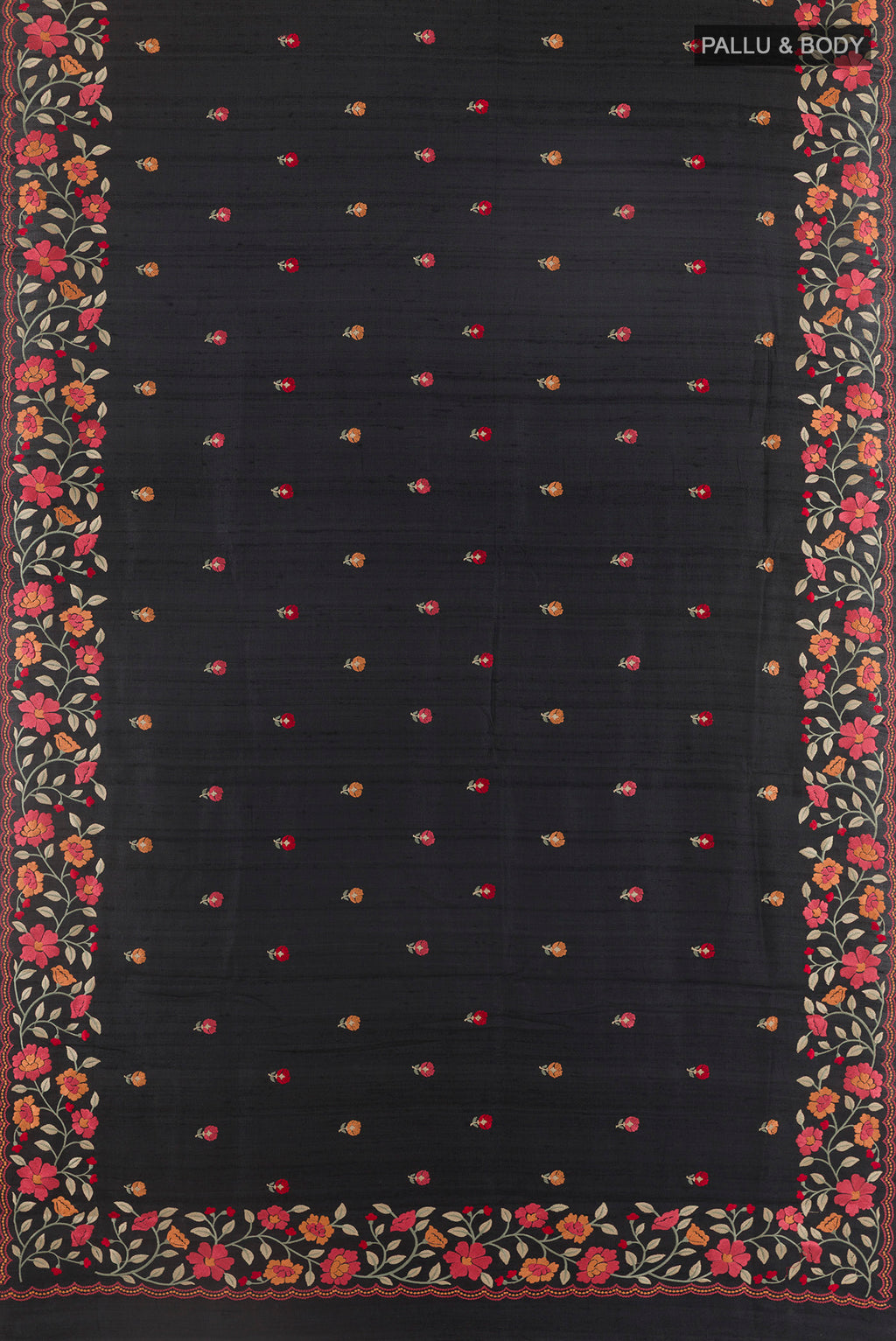 Flat view of Black Tussar Saree with Embroidery on the body and Embroidery Border. 