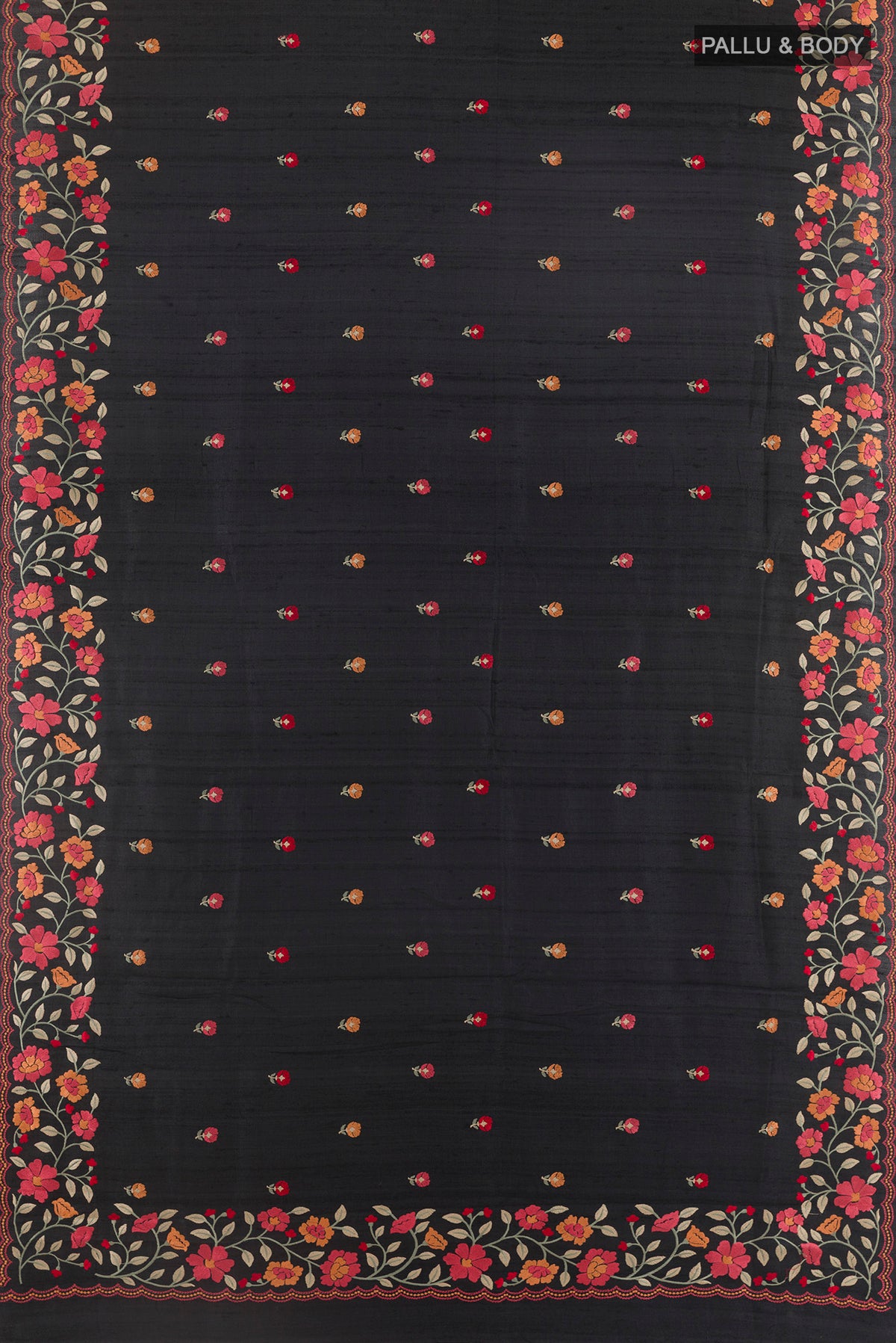 Flat view of Black Tussar Saree with Embroidery on the body and Embroidery Border. 