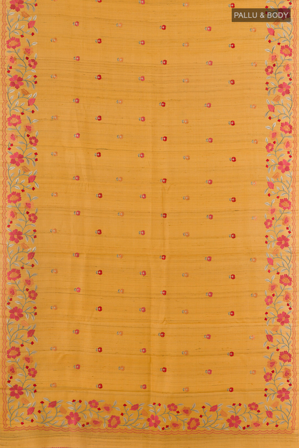 Flat view of Yellow Tussar Saree with Embroidery on the body and Embroidery Border. 