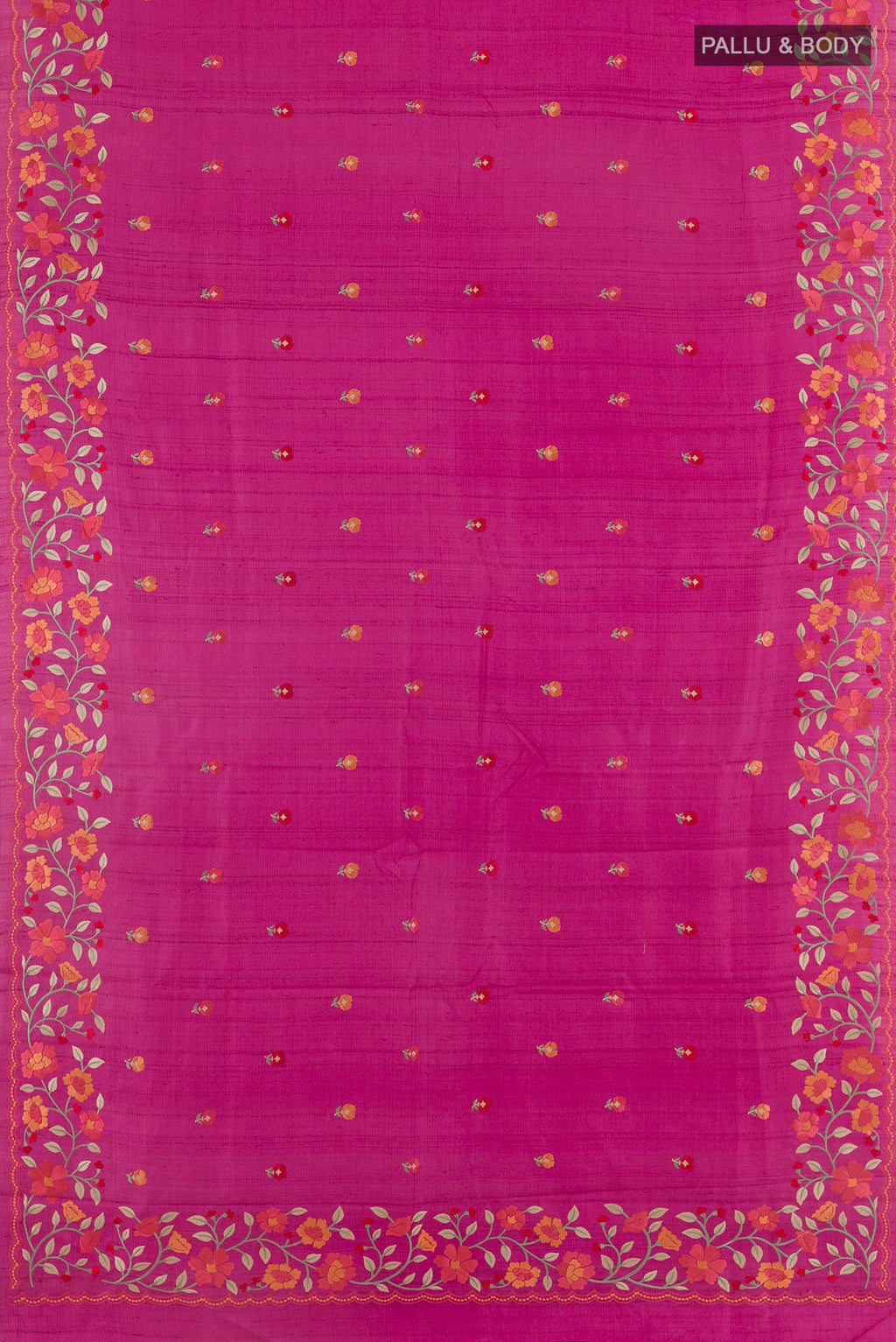 Flat view of Pink Tussar Saree with Embroidery on the body and Embroidery Border. 