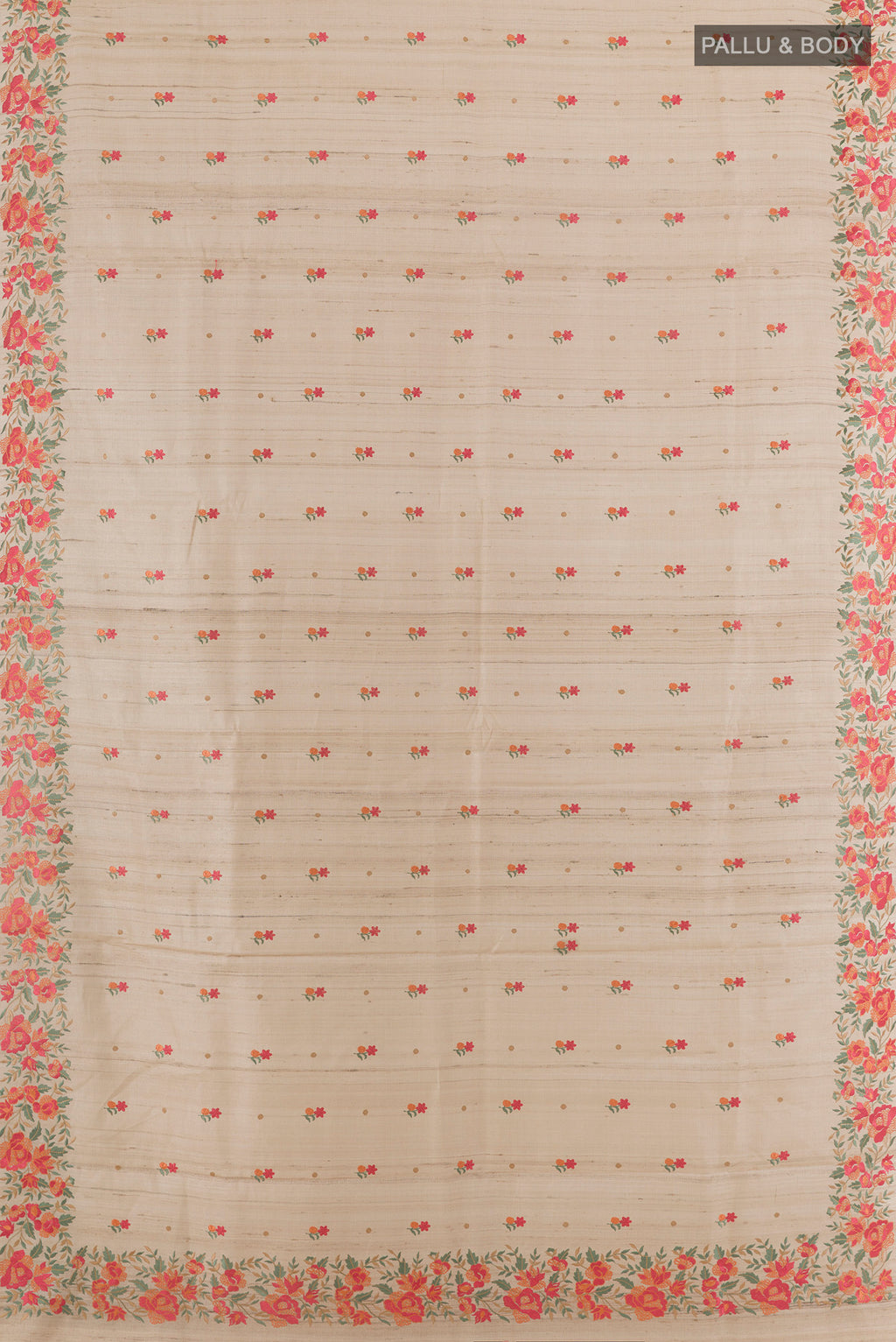 Flat view of Cream Tussar Saree with Embroidery on the body and Embroidery Border. 
