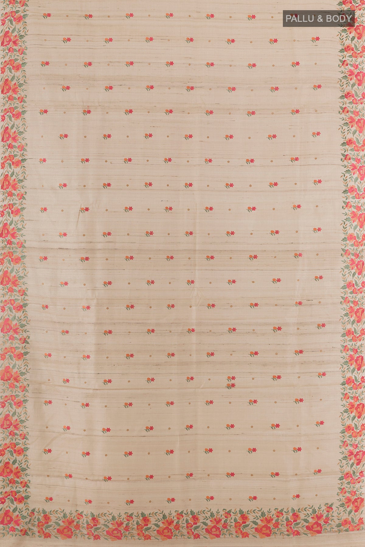 Flat view of Cream Tussar Saree with Embroidery on the body and Embroidery Border. 