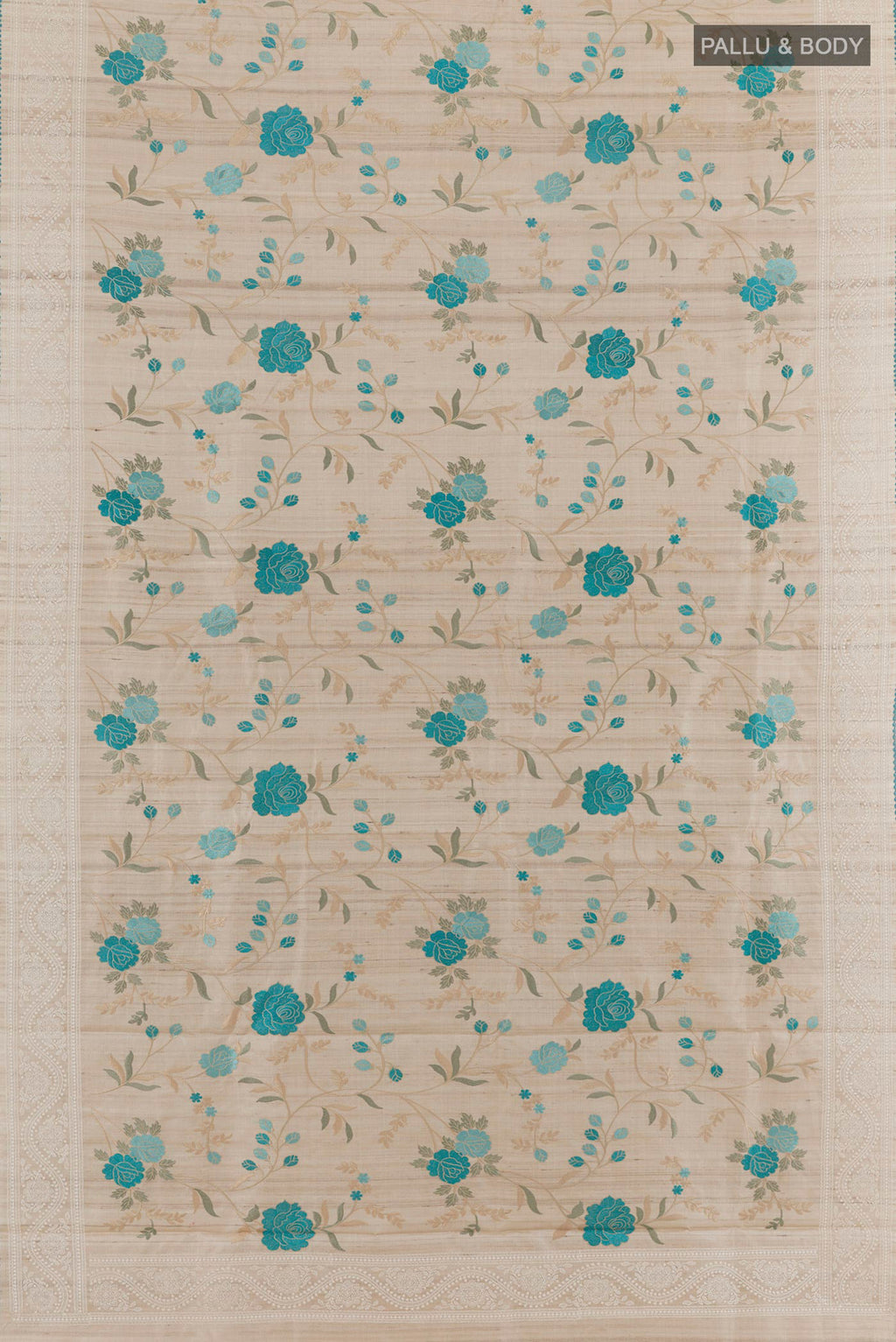 Flat view of Beige Tussar Saree with Embroidery on the body and Embroidery Border. 