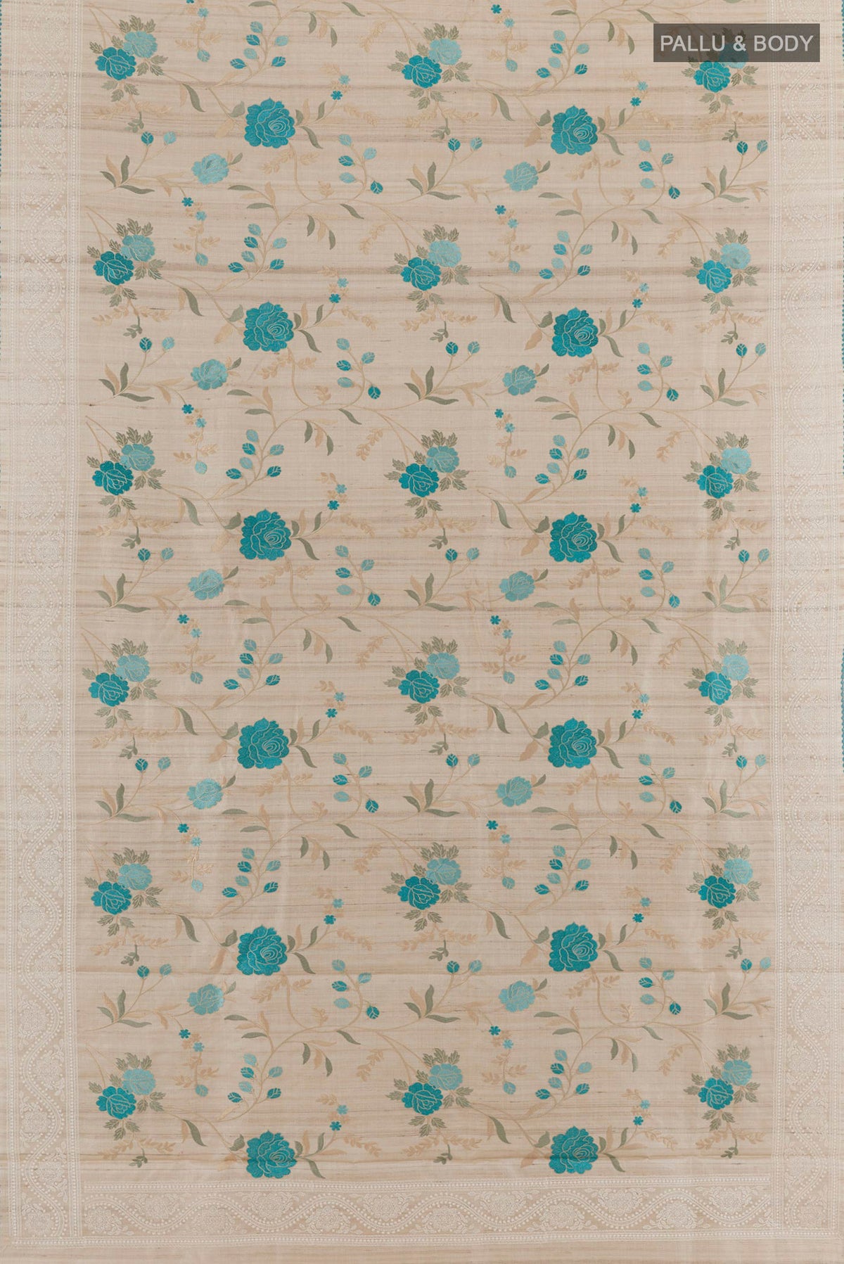 Flat view of Beige Tussar Saree with Embroidery on the body and Embroidery Border. 