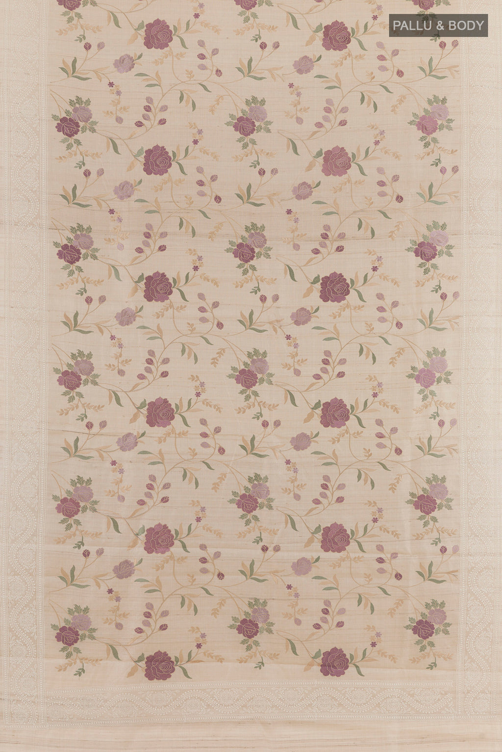 Flat view of Cream Tussar Saree with Embroidery on the body and Embroidery Border. 