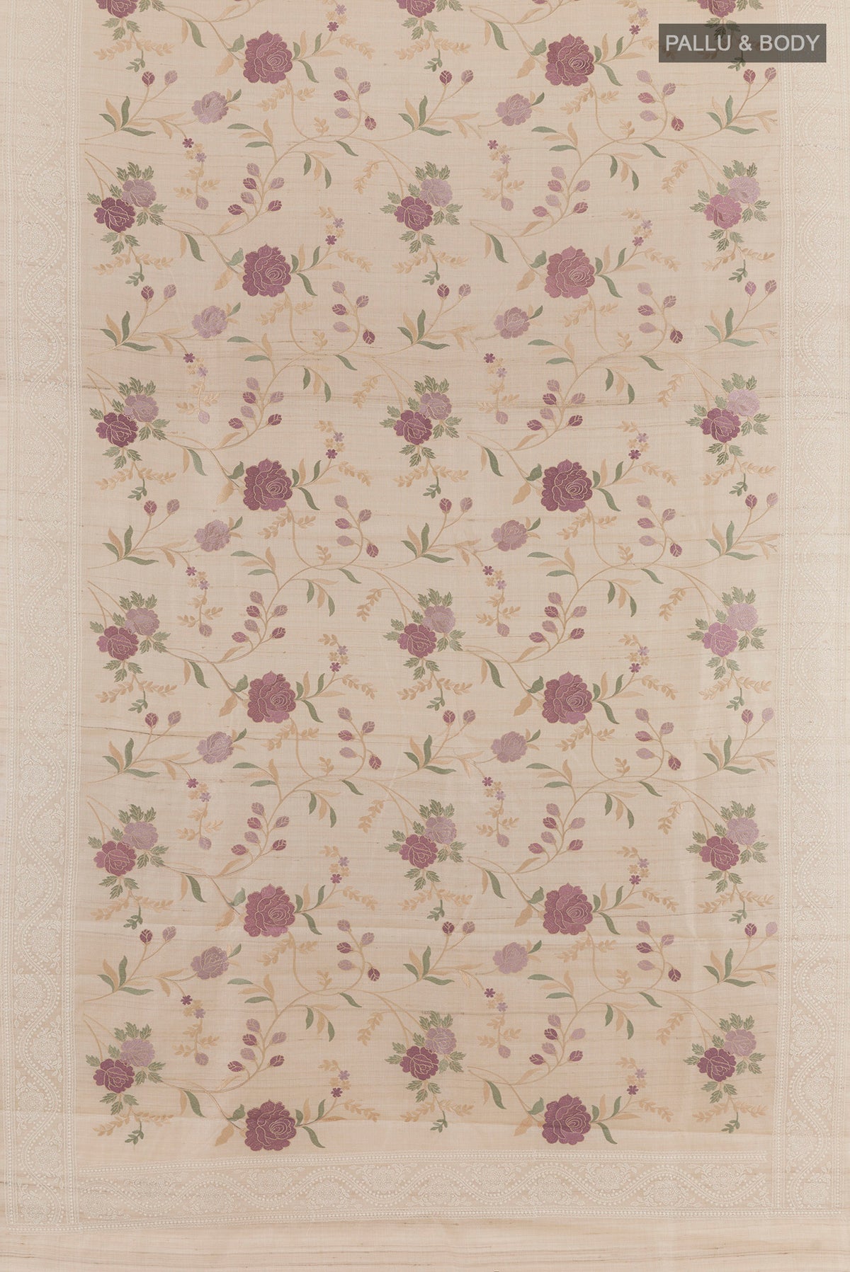 Flat view of Cream Tussar Saree with Embroidery on the body and Embroidery Border. 