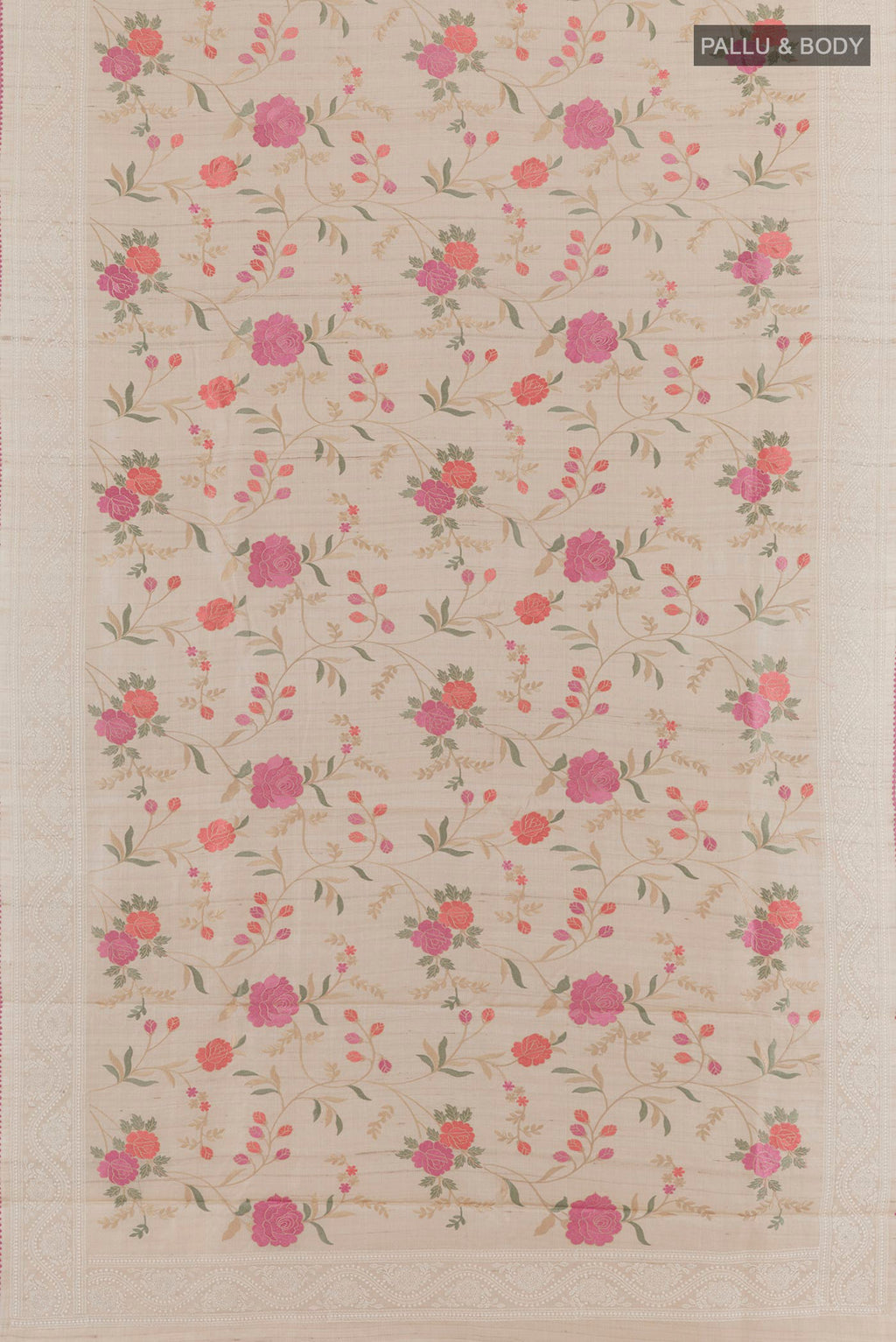 Flat view of Cream Tussar Saree with Embroidery on the body and Embroidery Border. 