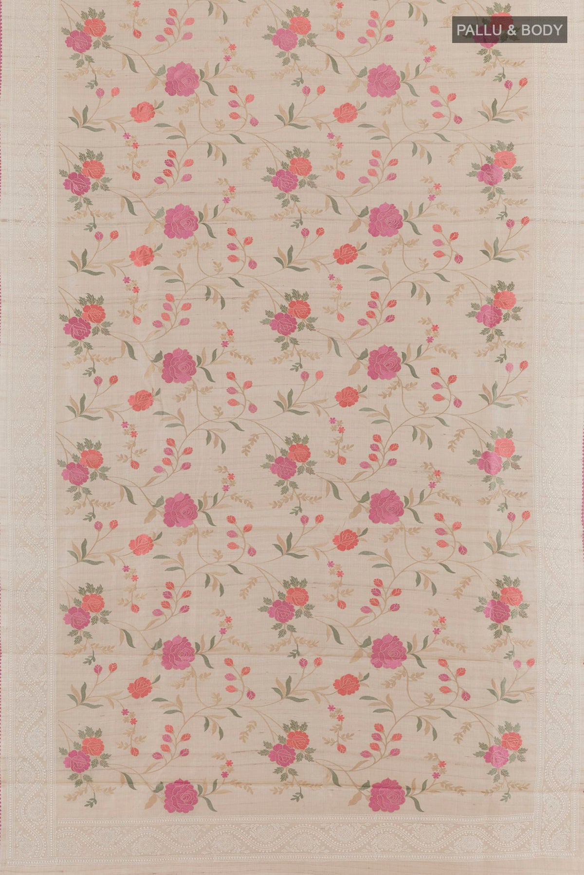 Flat view of Cream Tussar Saree with Embroidery on the body and Embroidery Border. 