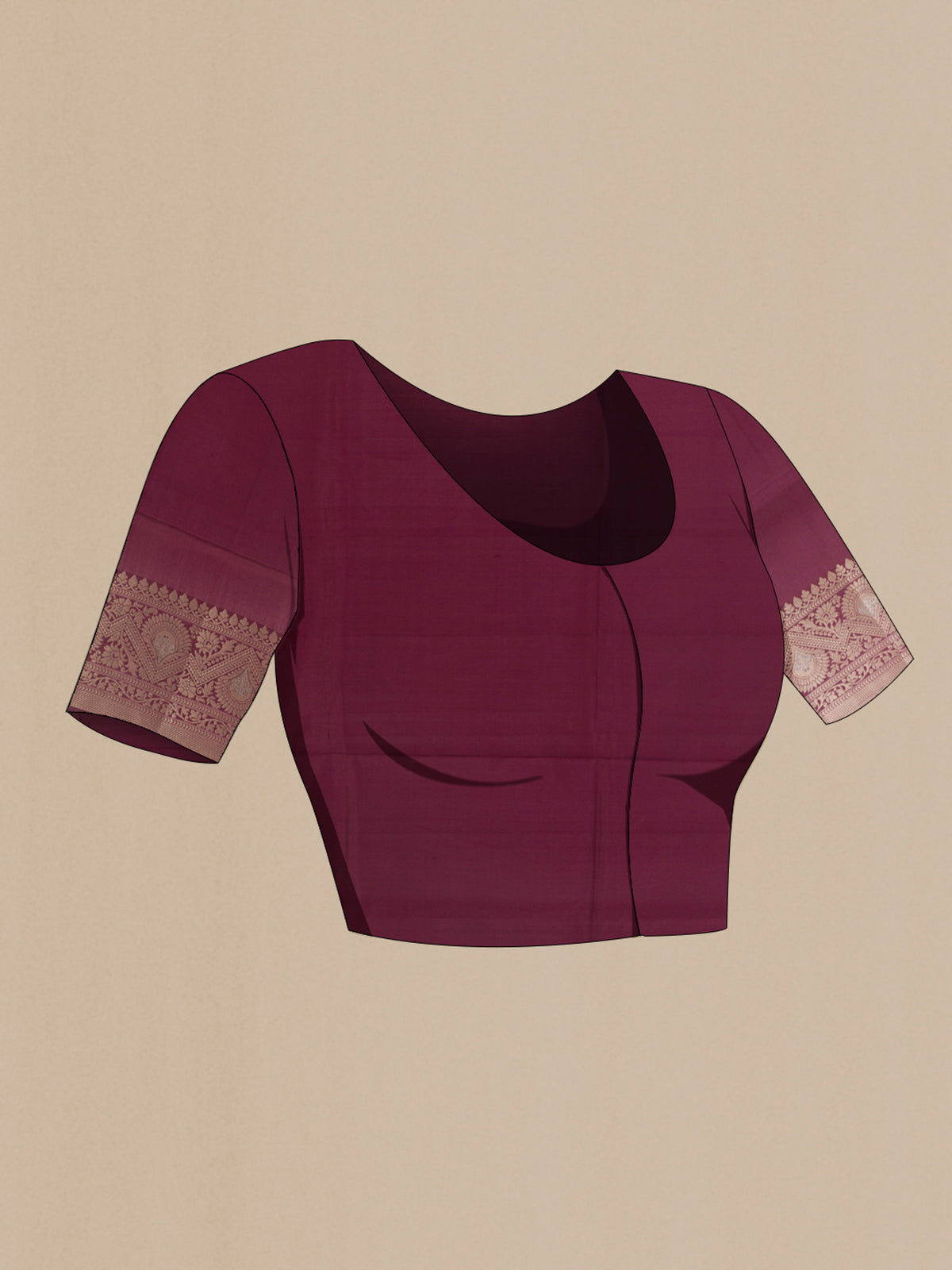 Close up image of the blouse of Pure Silk Coffee Brown Banarasi Raw Saree with Zari Brocade on the body and Zari Border. 