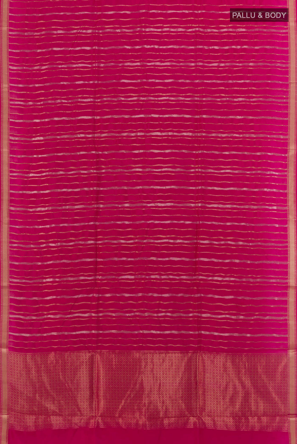Flat view of Pure Silk Pink Banarasi Katan Saree with Stripes on the body and Zari Border. 