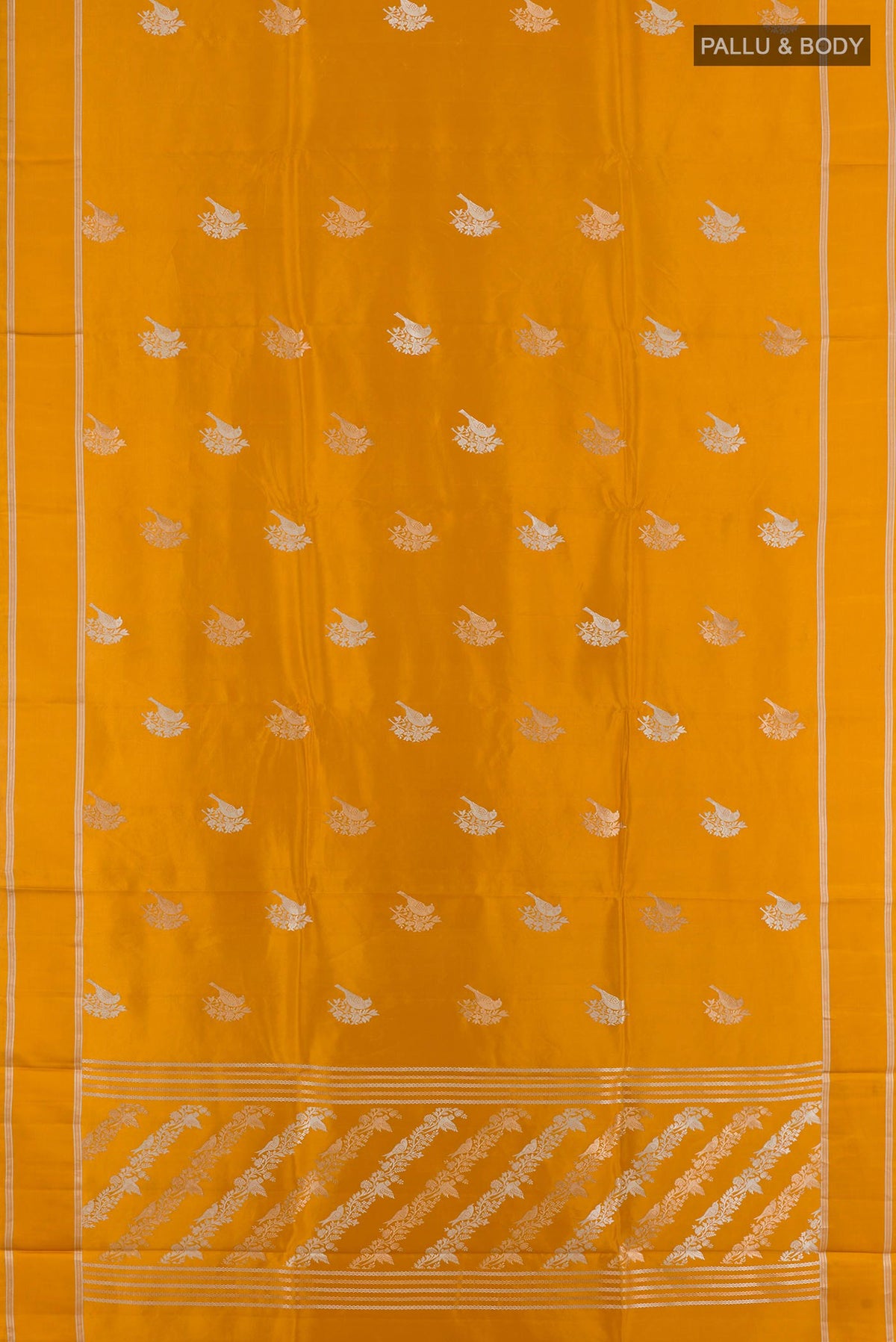 Flat view of Pure Silk Mustard Banarasi Saree with Zari Butta on the body and Zari Border. 