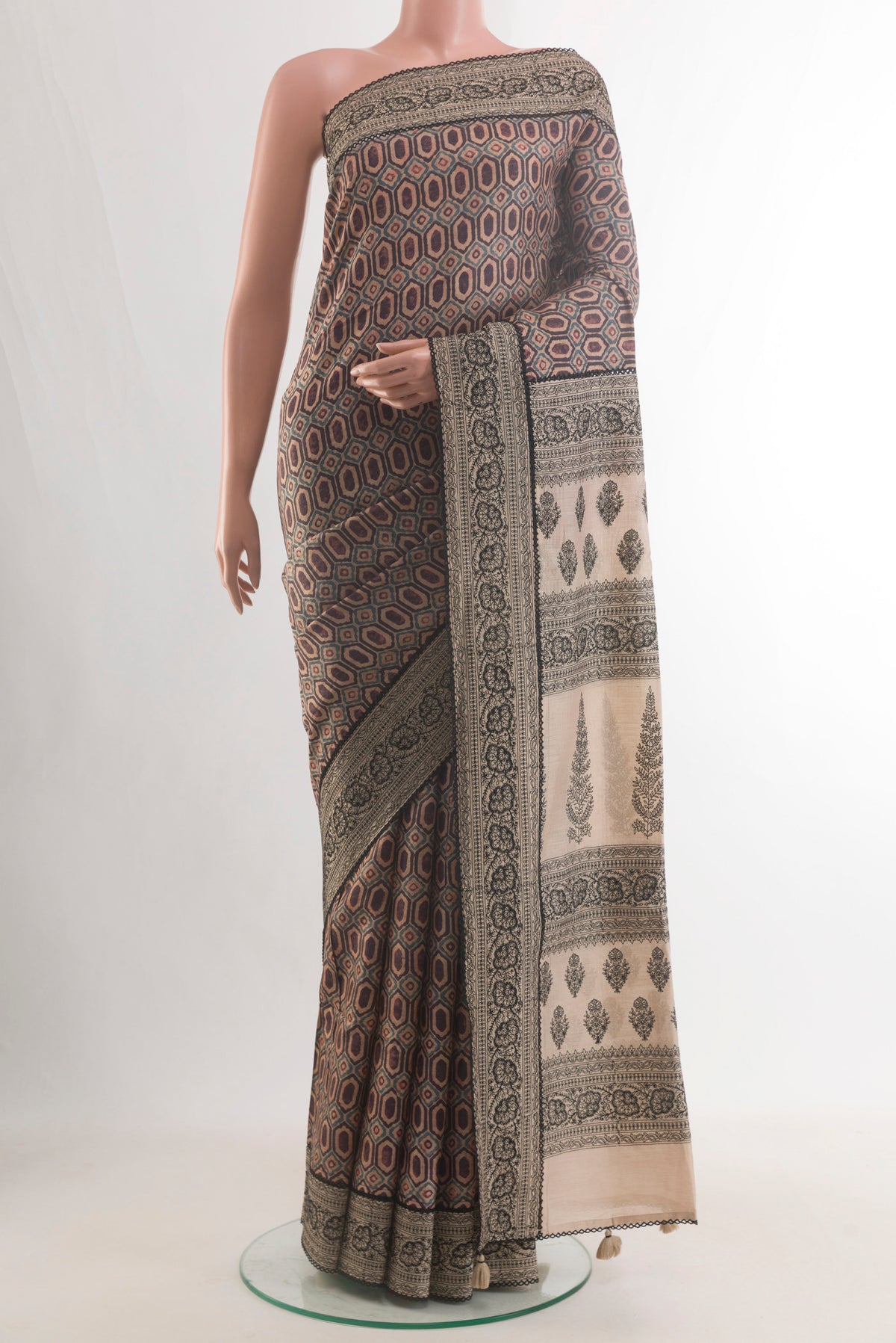 Beige Tussar Saree with Printed design on the body and Embroidery Border.  displayed on a mannequin