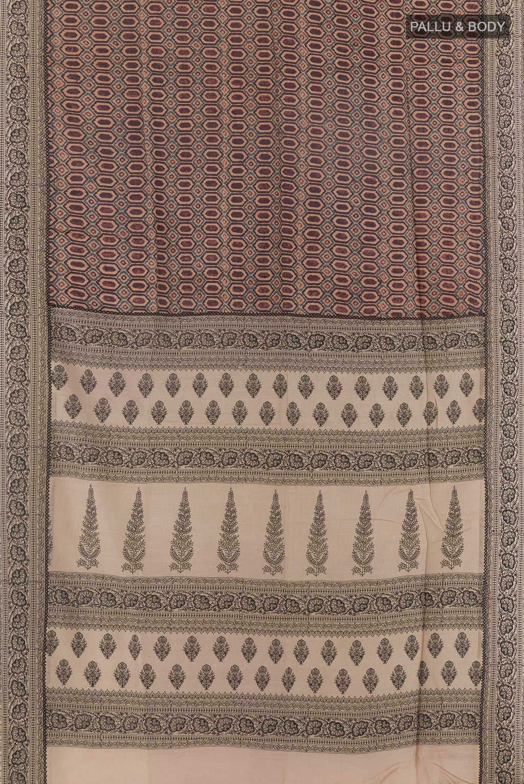 Flat view of Beige Tussar Saree with Printed design on the body and Embroidery Border. 