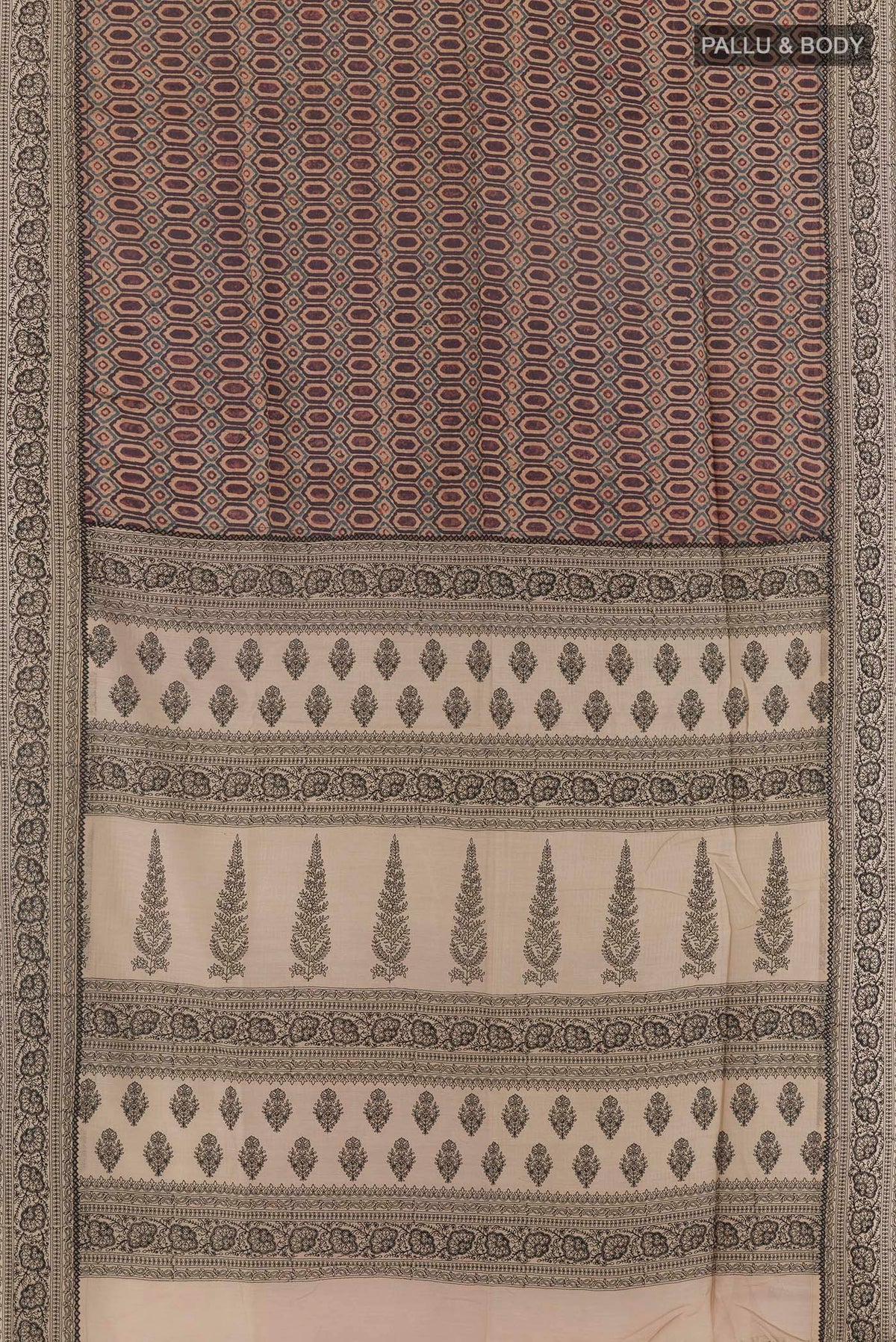 Flat view of Beige Tussar Saree with Printed design on the body and Embroidery Border. 