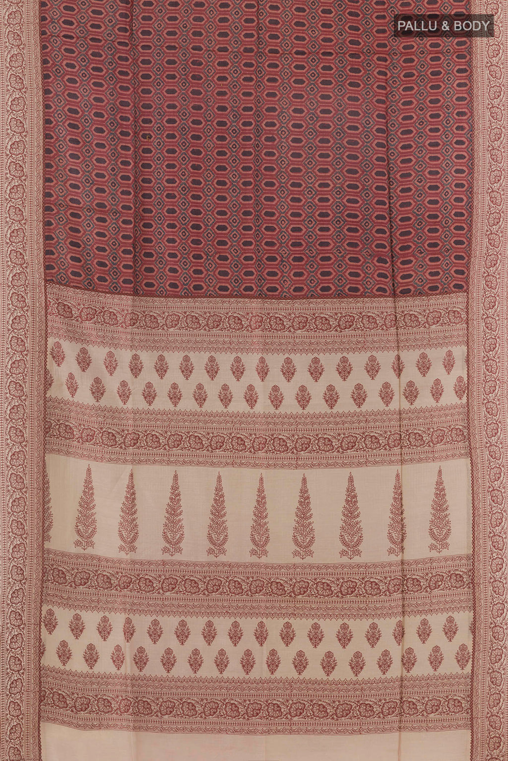 Flat view of Multi Color Tussar Saree with Printed design on the body and Embroidery Border. 