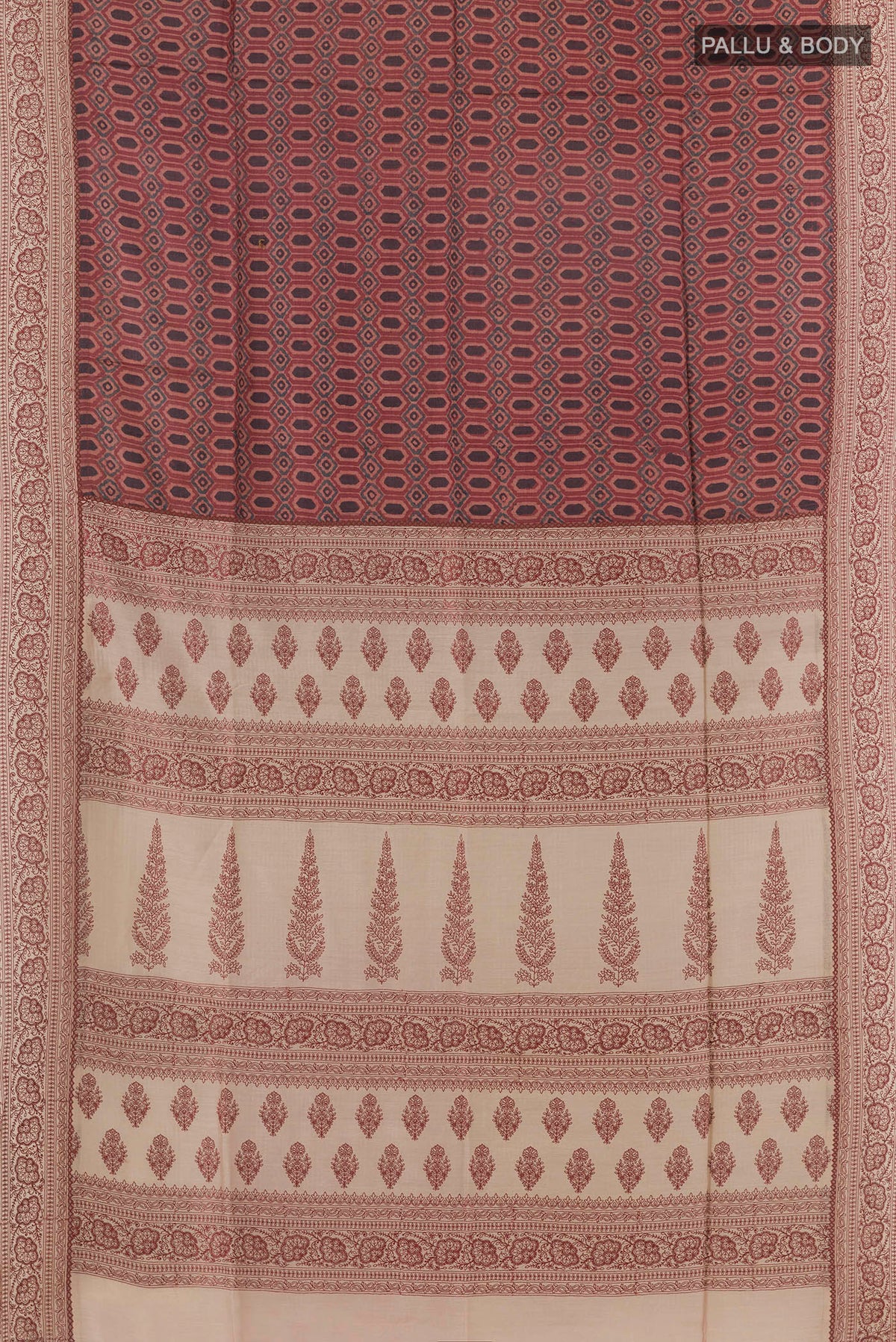 Flat view of Multi Color Tussar Saree with Printed design on the body and Embroidery Border. 