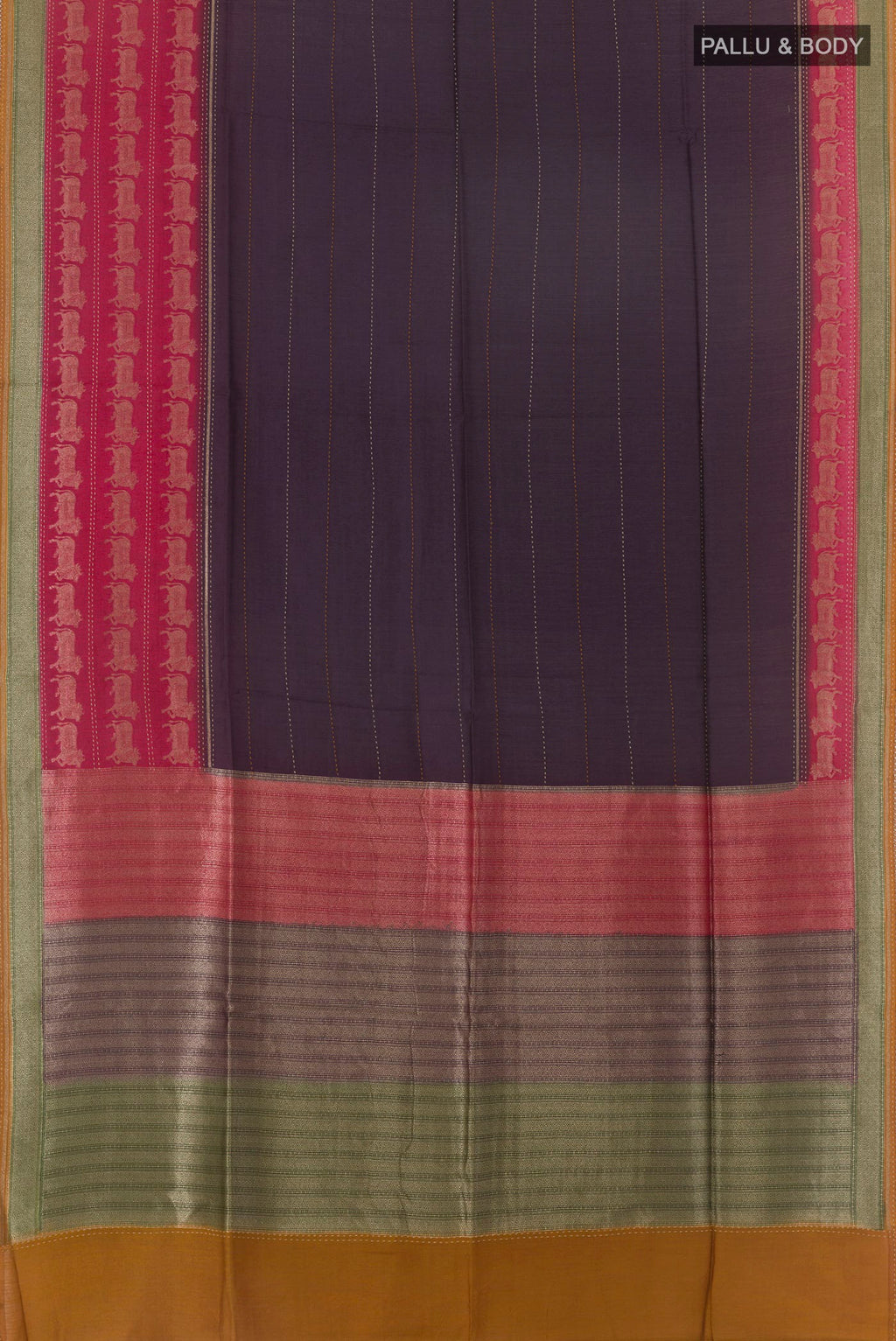 Flat view of Purple Tussar Saree with Embroidery on the body and Embroidery Border. 