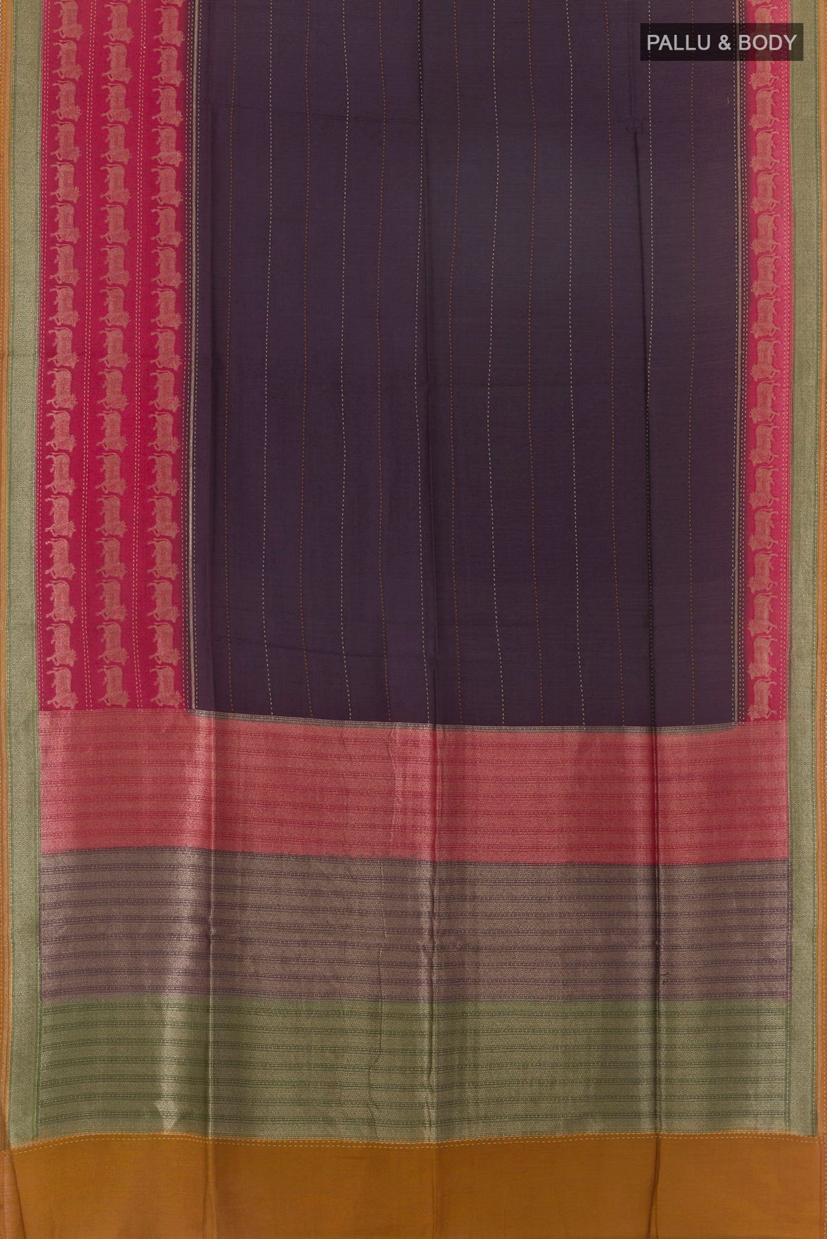 Flat view of Purple Tussar Saree with Embroidery on the body and Embroidery Border. 
