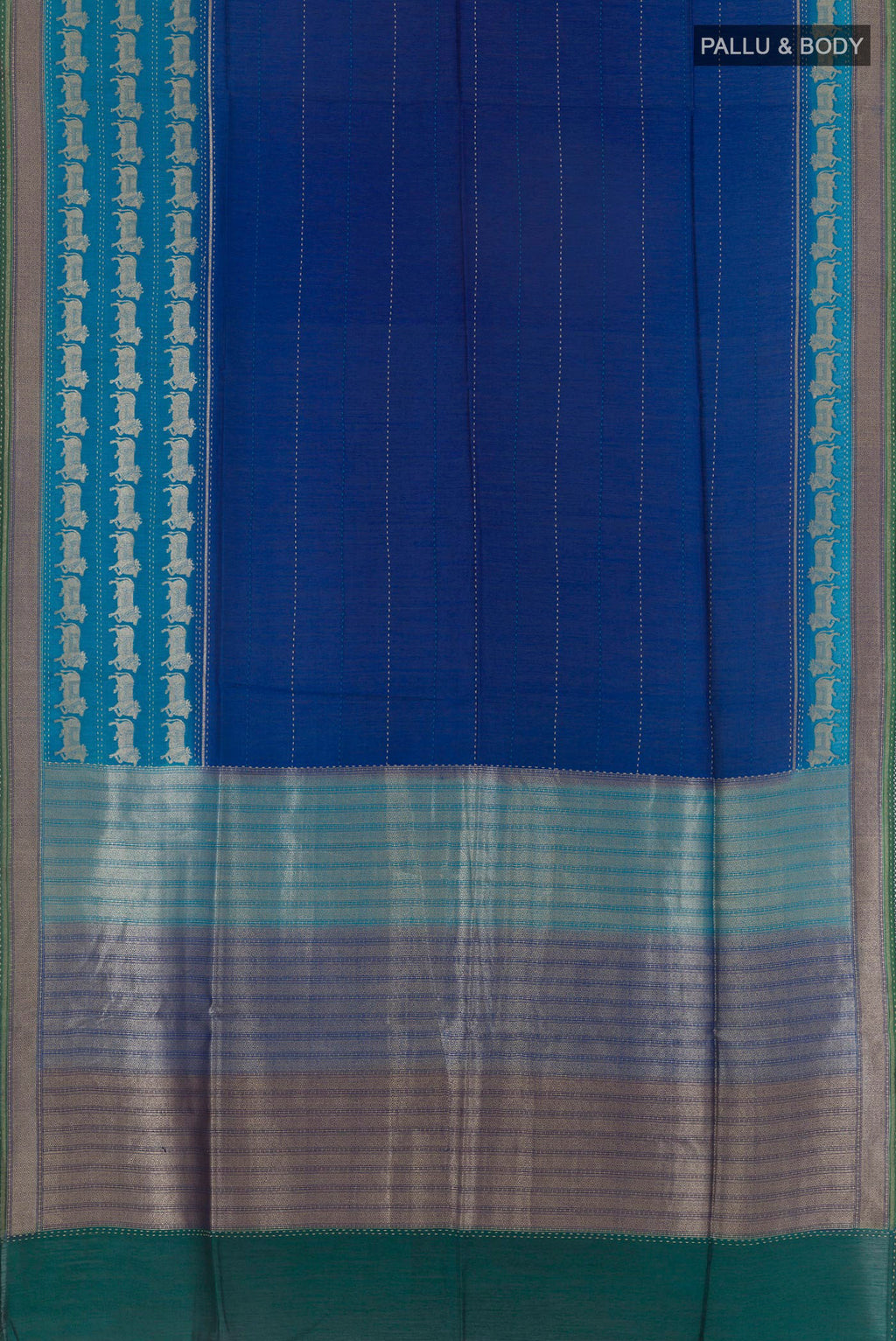 Flat view of Blue Tussar Saree with Embroidery on the body and Embroidery Border. 
