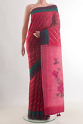 Red Tussar Saree with Stripes on the body and Thread Embroidery Border.  displayed on a mannequin