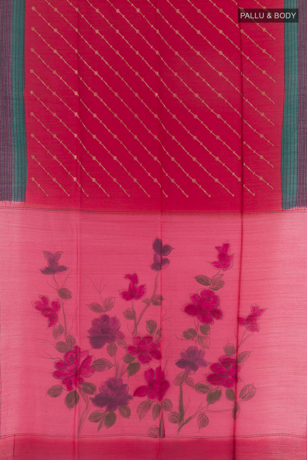 Flat view of Red Tussar Saree with Stripes on the body and Thread Embroidery Border. 