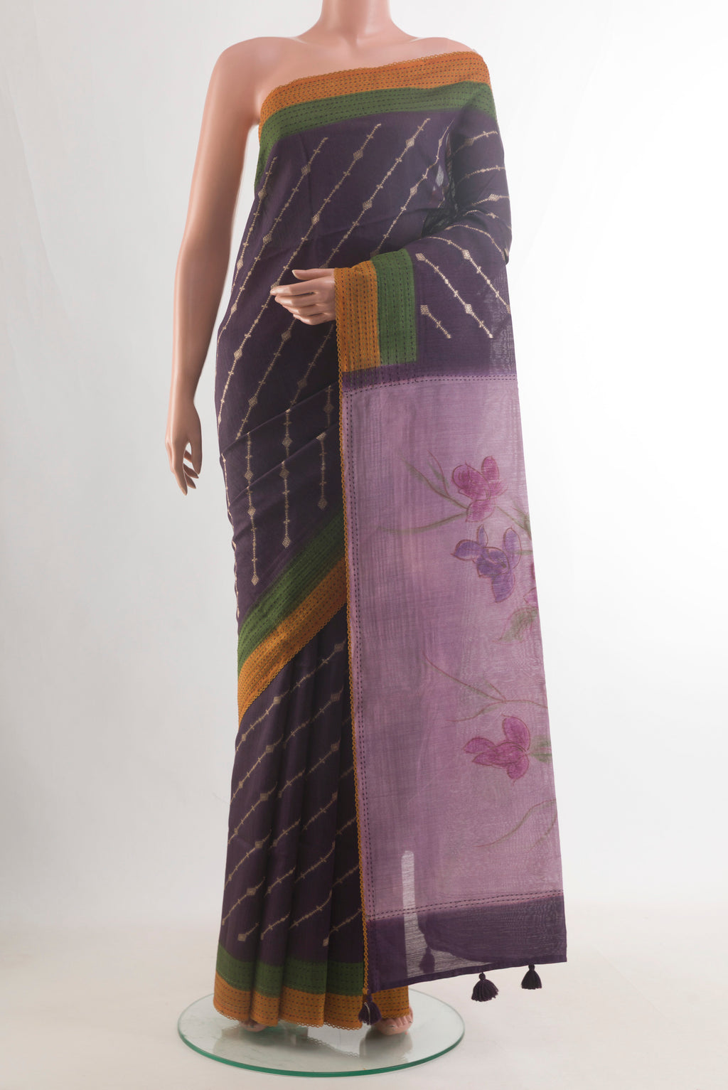 Purple Tussar Saree with Stripes on the body and Thread Embroidery Border.  displayed on a mannequin