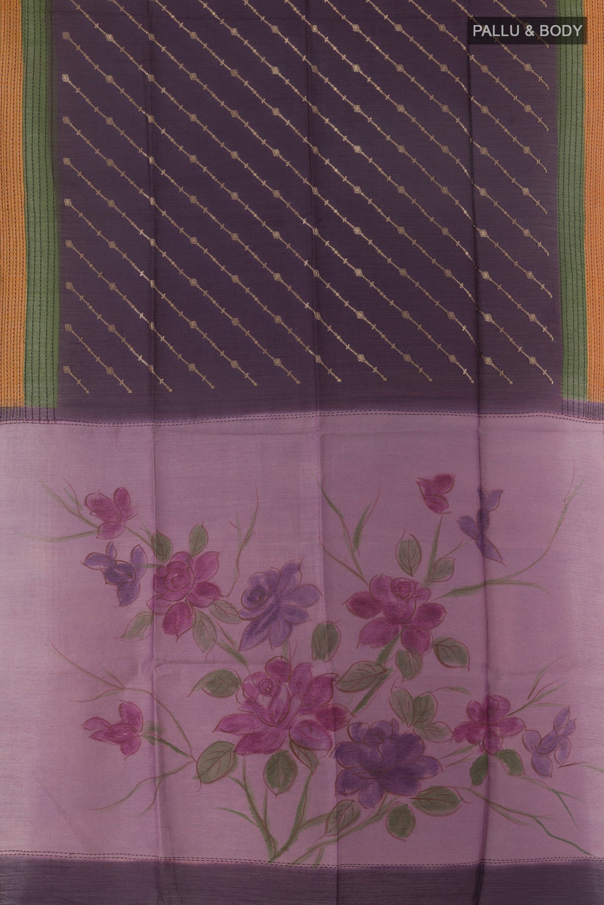Flat view of Purple Tussar Saree with Stripes on the body and Thread Embroidery Border. 