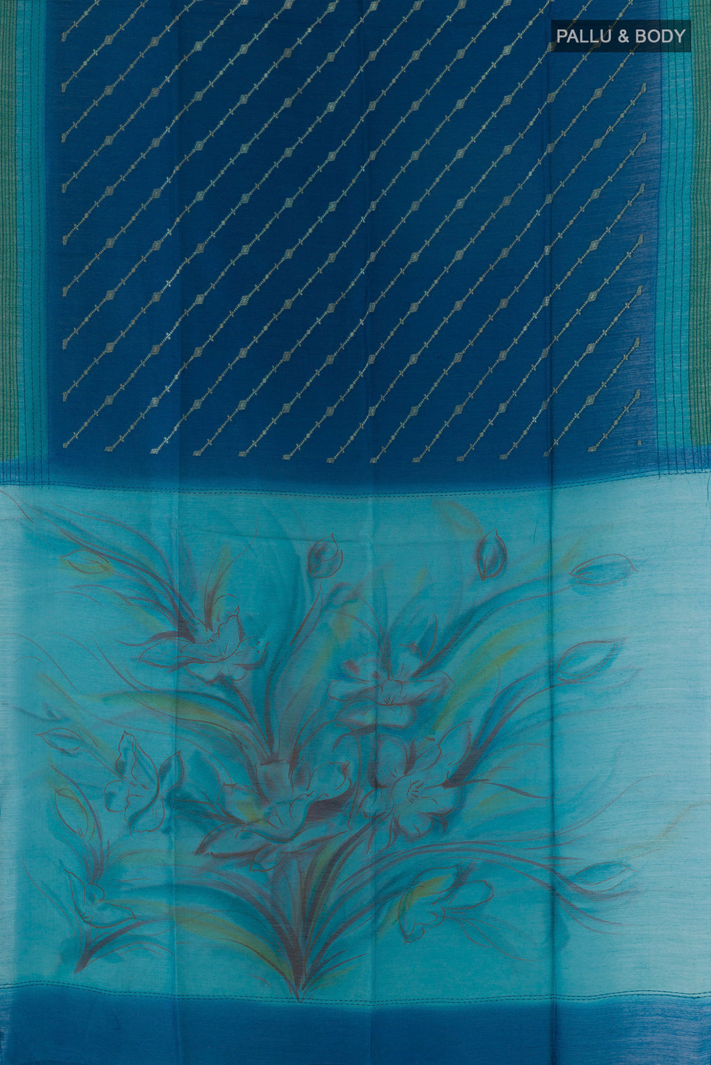 Flat view of Blue Tussar Saree with Stripes on the body and Thread Embroidery Border. 