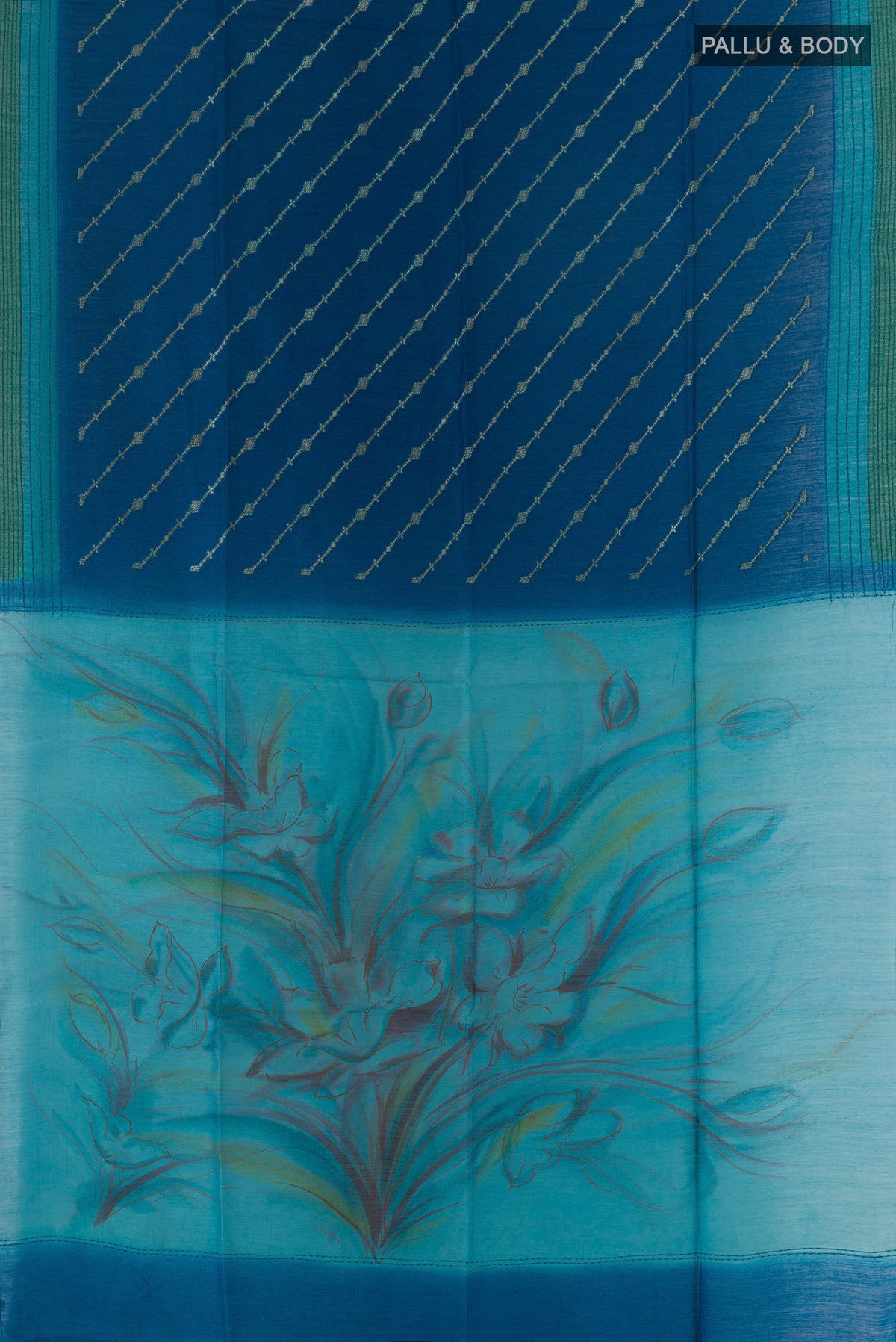 Flat view of Blue Tussar Saree with Stripes on the body and Thread Embroidery Border. 