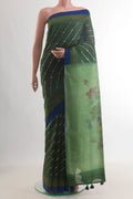 Green Tussar Saree with Stripes on the body and Thread Embroidery Border.  displayed on a mannequin