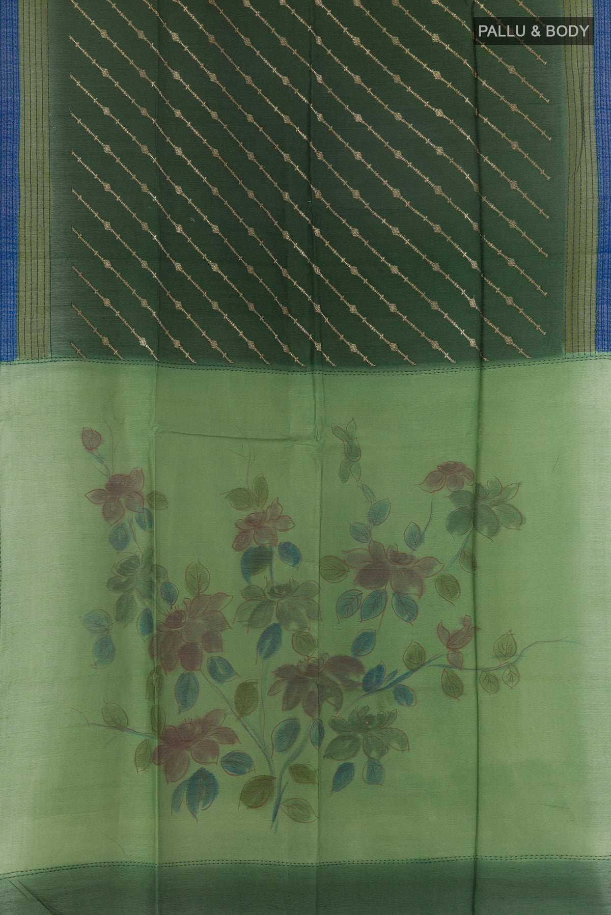 Flat view of Green Tussar Saree with Stripes on the body and Thread Embroidery Border. 