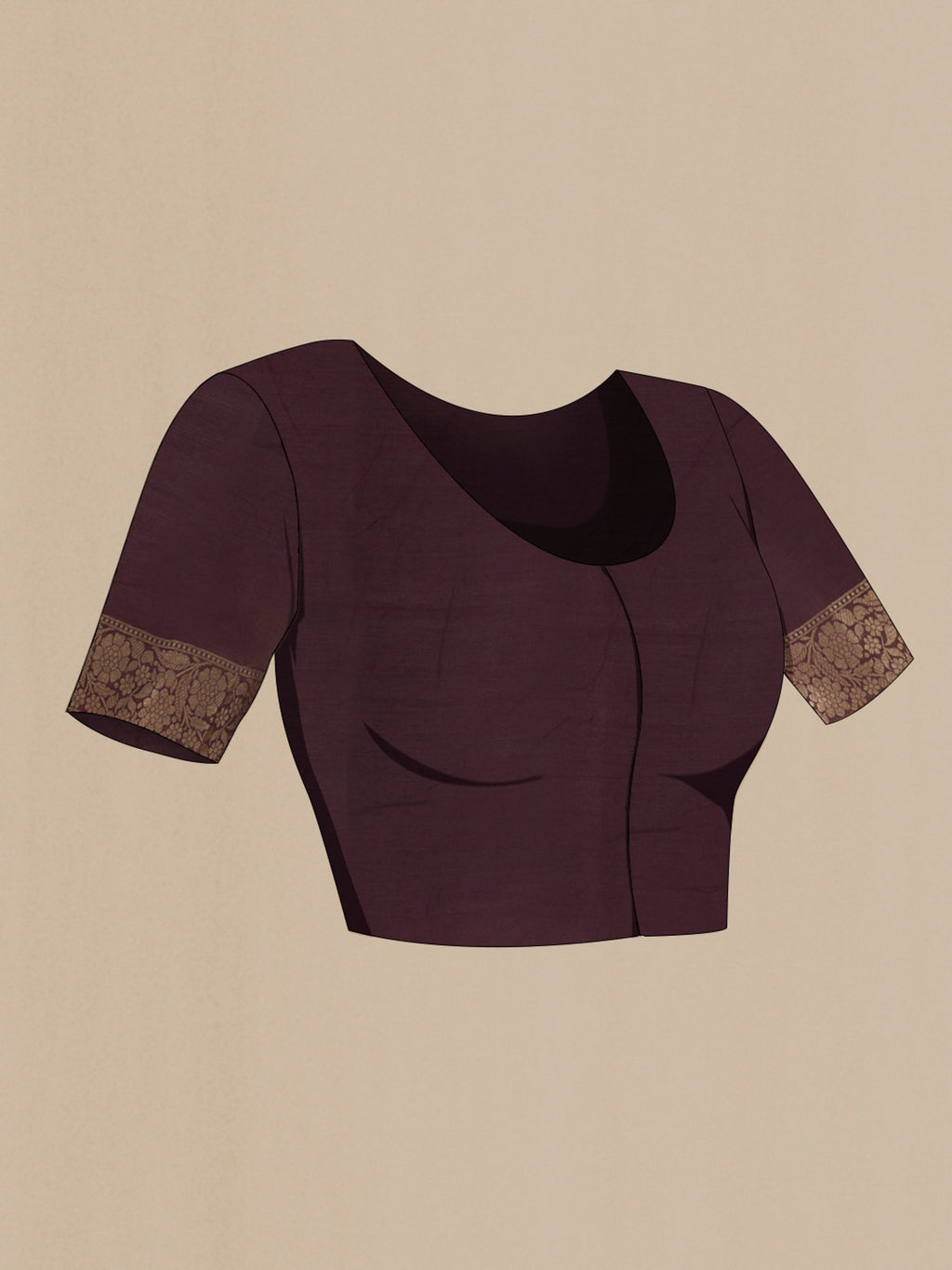 Close up image of the blouse of Mustard Tussar Saree with Stripes on the body and Thread Embroidery Border. 