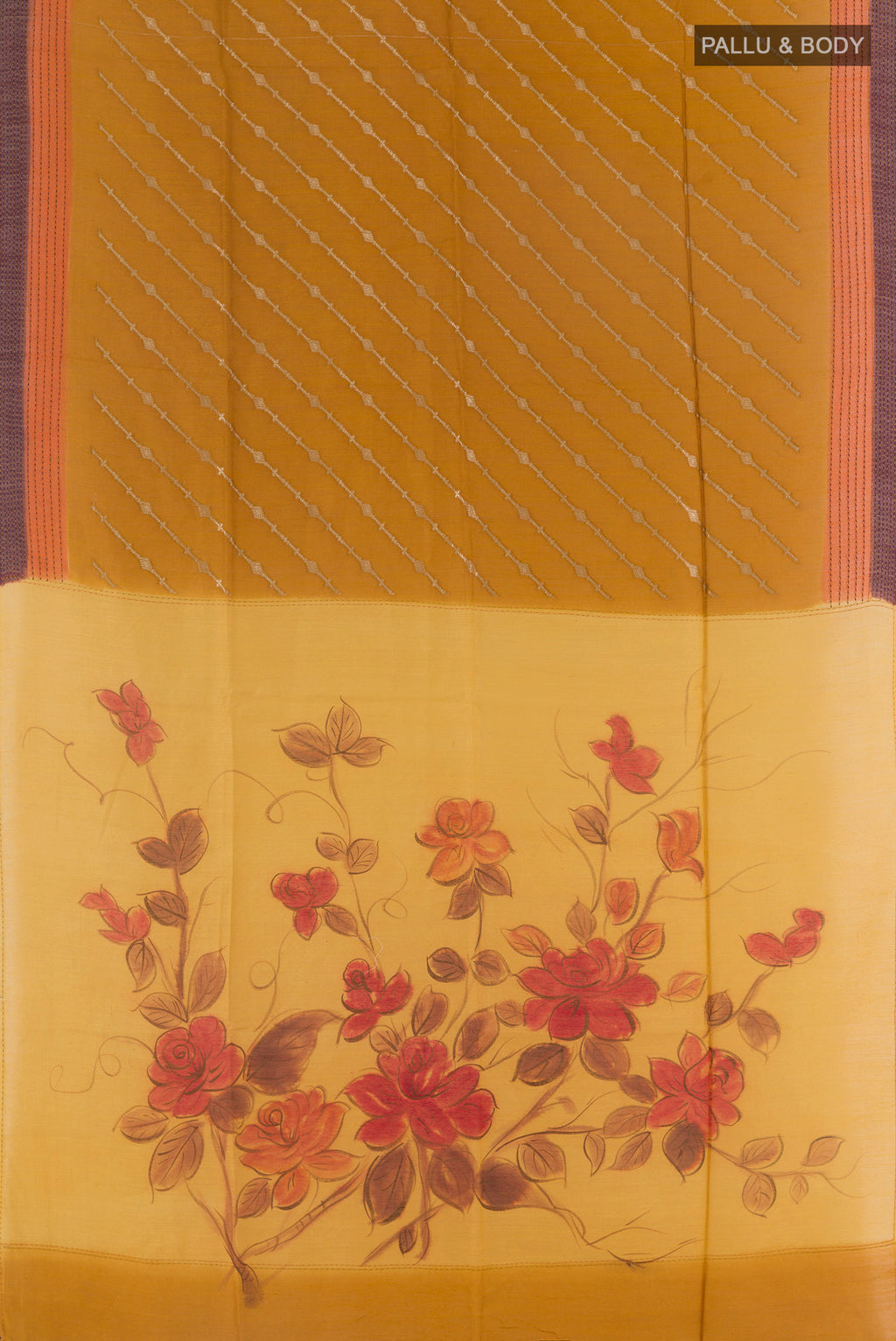 Flat view of Mustard Tussar Saree with Stripes on the body and Thread Embroidery Border. 