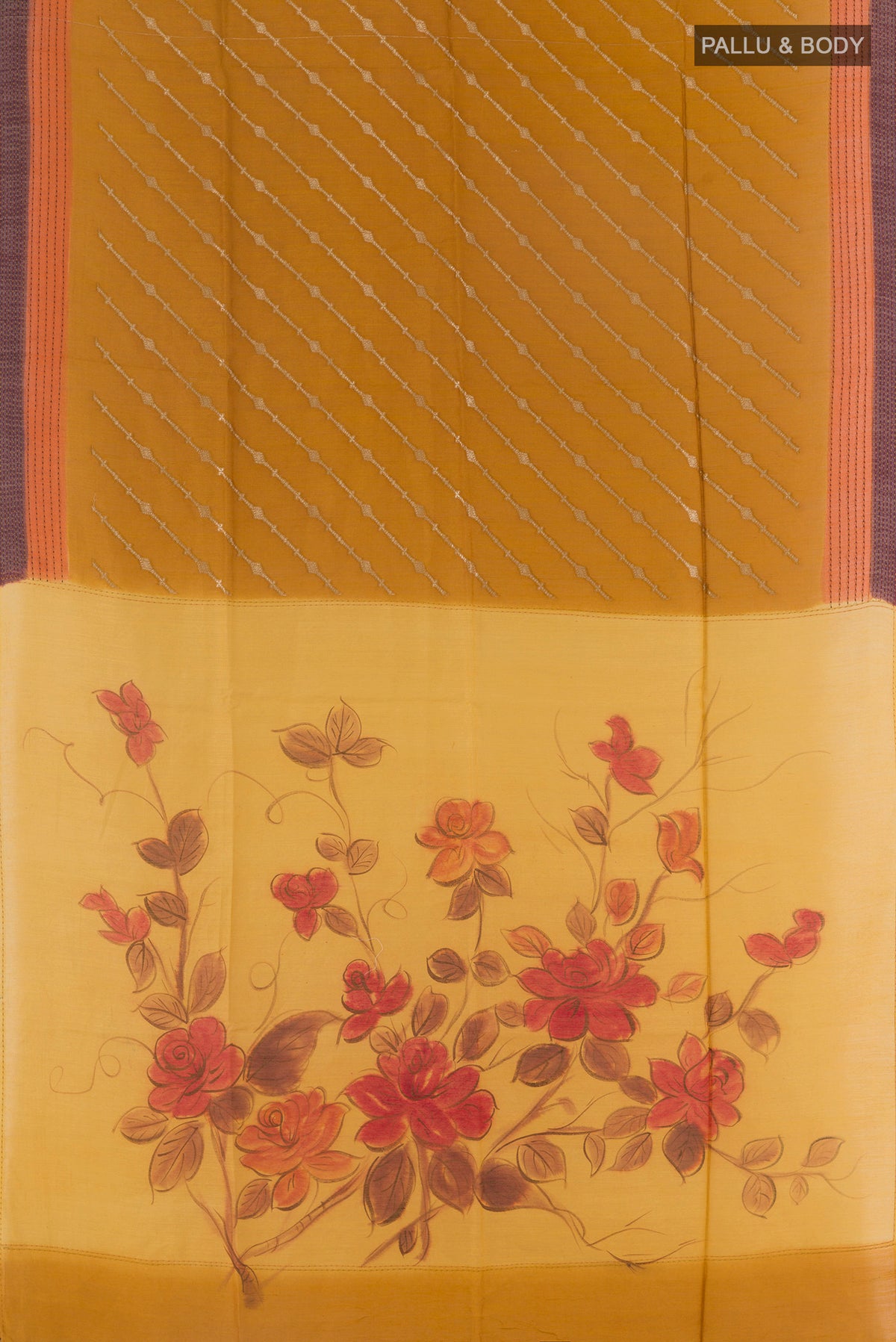 Flat view of Mustard Tussar Saree with Stripes on the body and Thread Embroidery Border. 