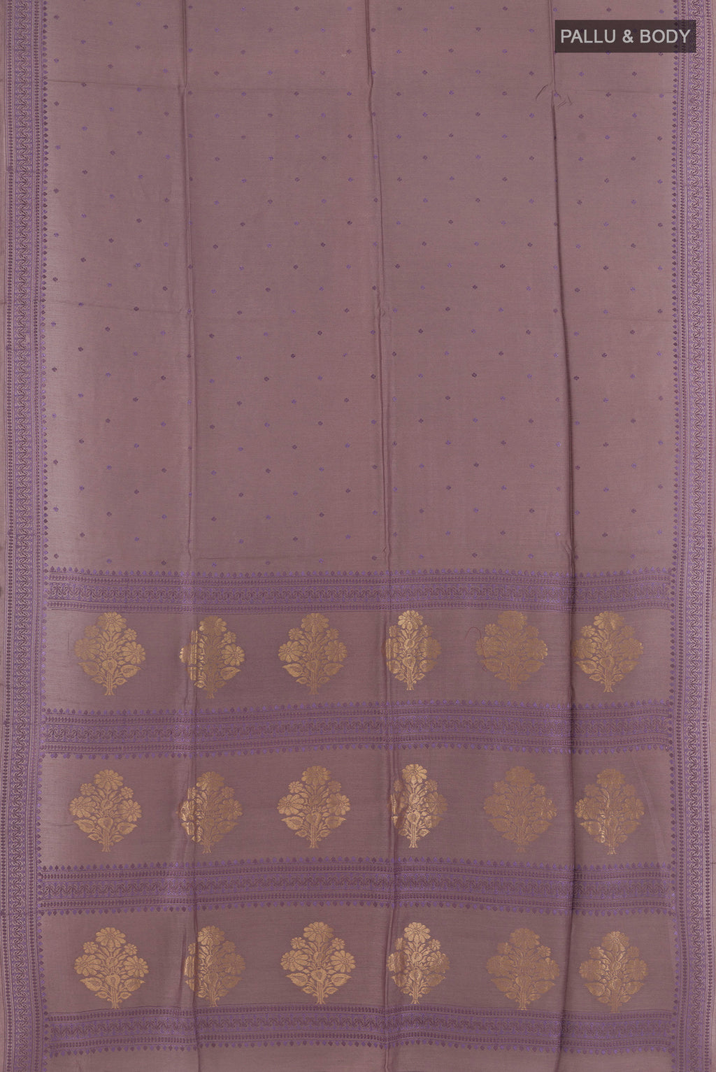 Flat view of Mauve Tussar Saree with Embroidery on the body and Embroidery Border. 