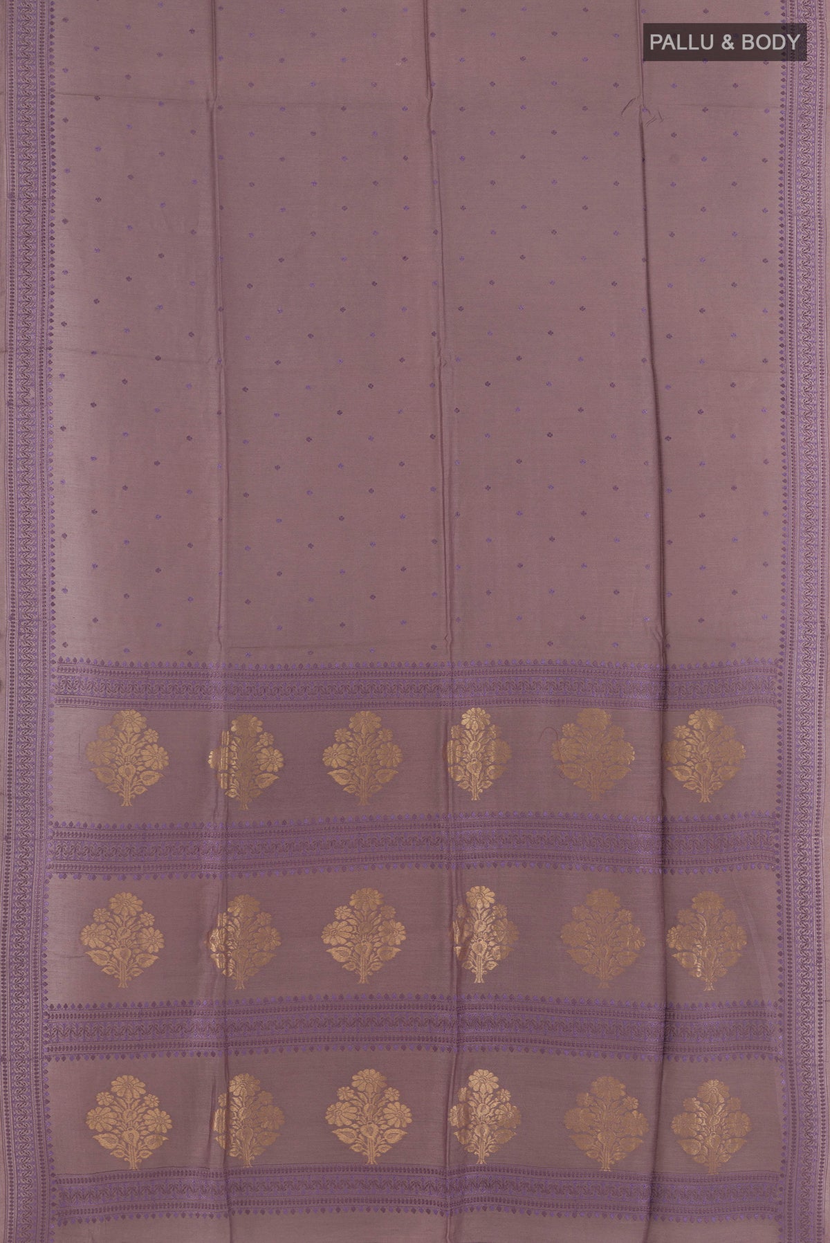 Flat view of Mauve Tussar Saree with Embroidery on the body and Embroidery Border. 