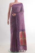 Lavender Tussar Saree with Embroidery on the body and Embroidery Border.  displayed on a mannequin