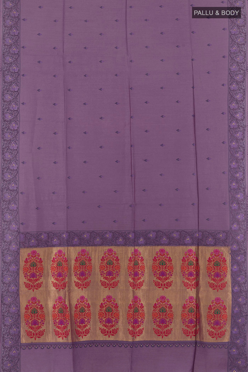 Flat view of Lavender Tussar Saree with Embroidery on the body and Embroidery Border. 