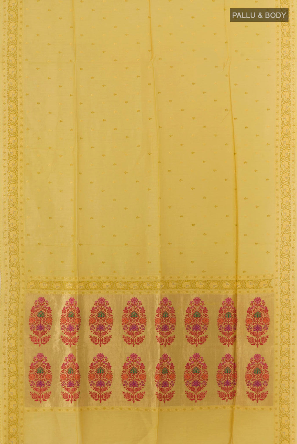 Flat view of Yellow Tussar Saree with Embroidery on the body and Embroidery Border. 