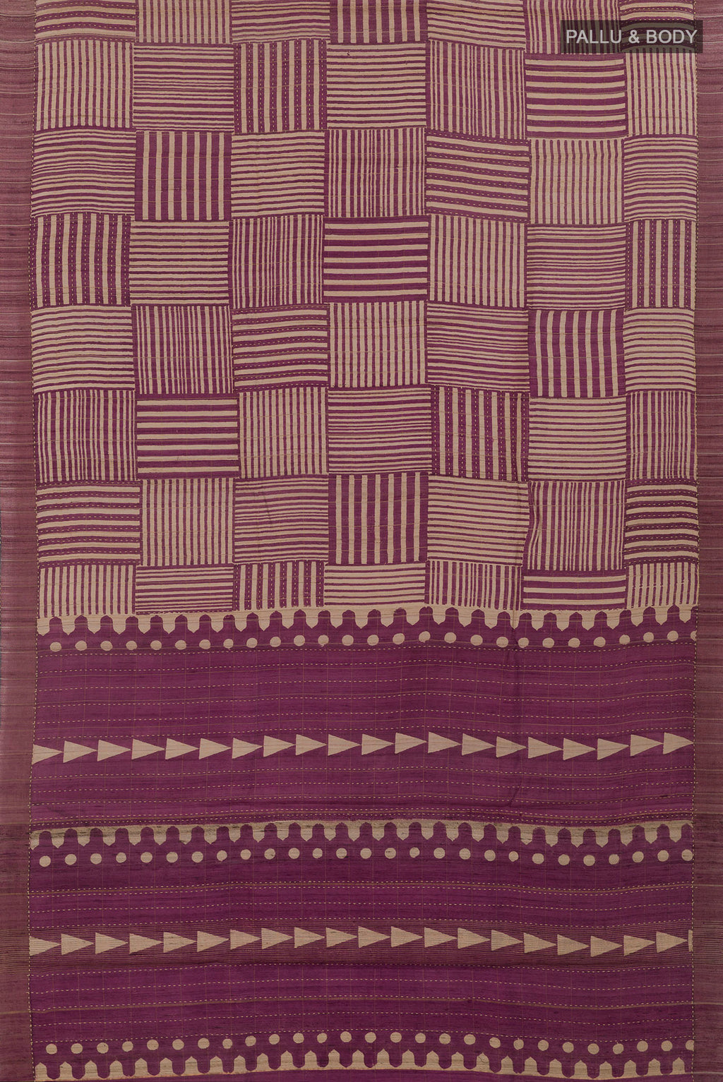 Flat view of Beige Tussar Saree with Geometric Print on the body and Zari Border. 