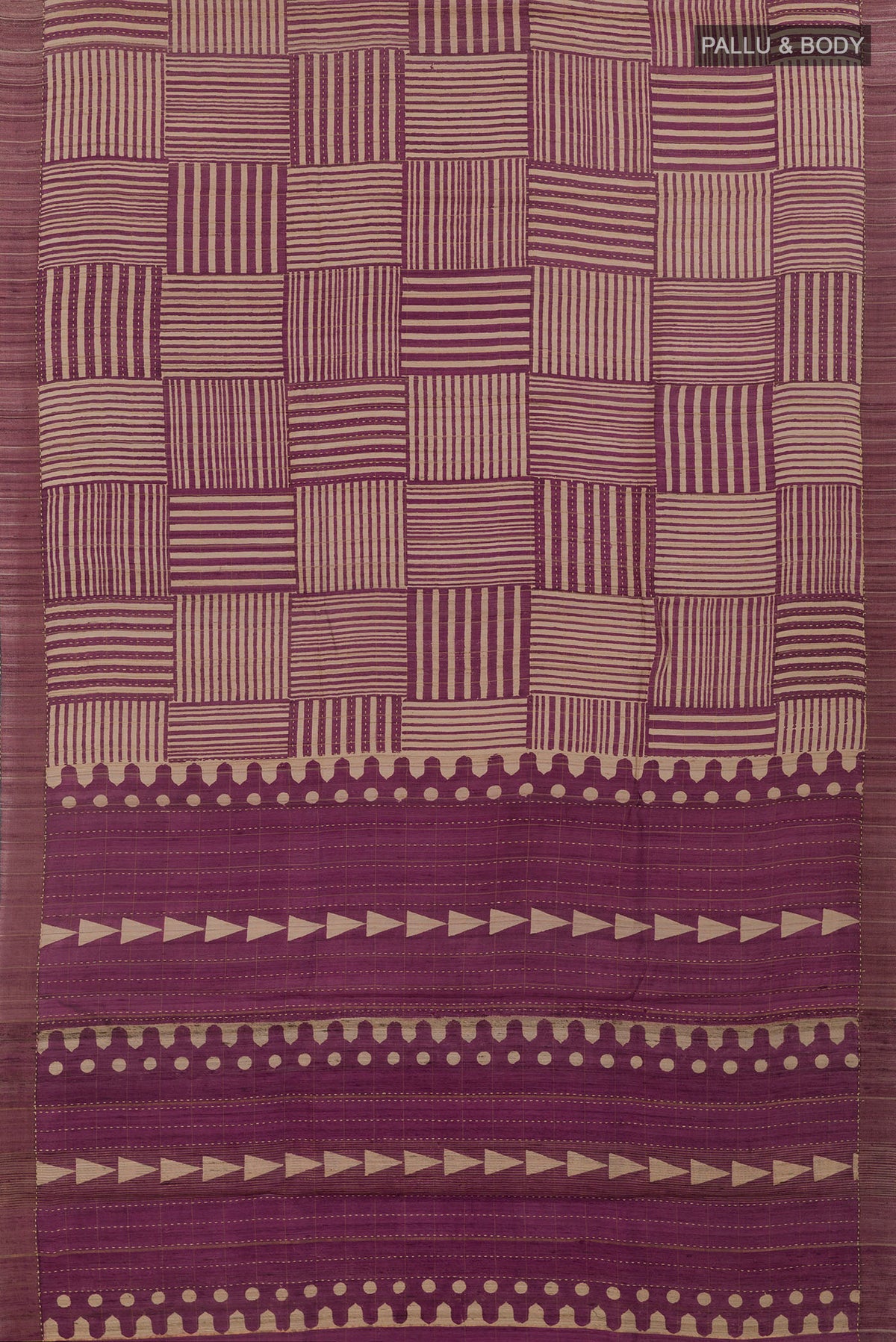 Flat view of Beige Tussar Saree with Geometric Print on the body and Zari Border. 