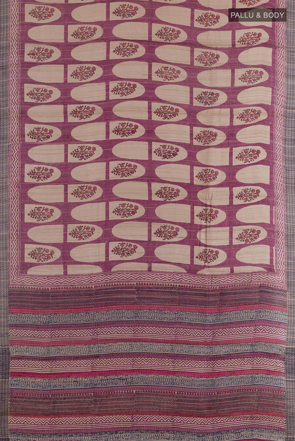 Flat view of Mauve Tussar Saree with Printed design on the body and Zari Border. 