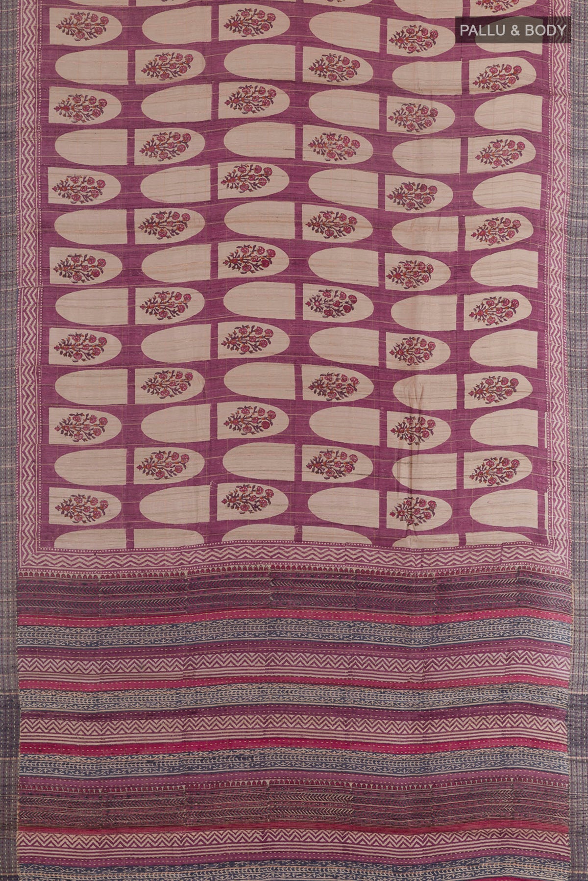 Flat view of Mauve Tussar Saree with Printed design on the body and Zari Border. 