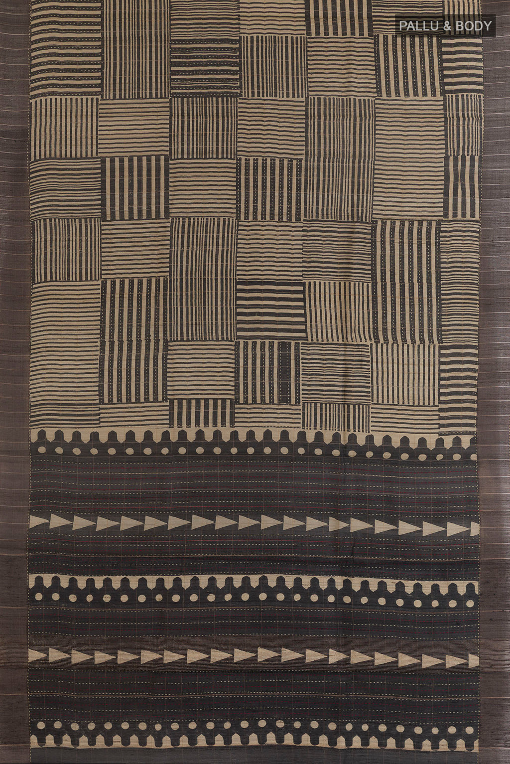 Flat view of Beige Tussar Saree with Geometric Print on the body and Zari Border. 
