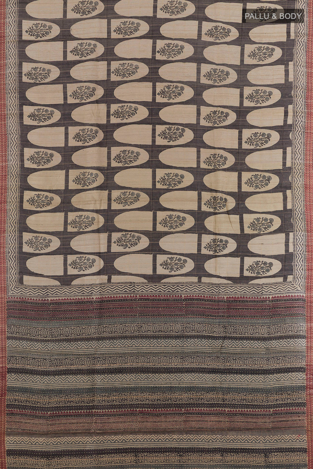 Flat view of Green Tussar Saree with Printed design on the body and Zari Border. 