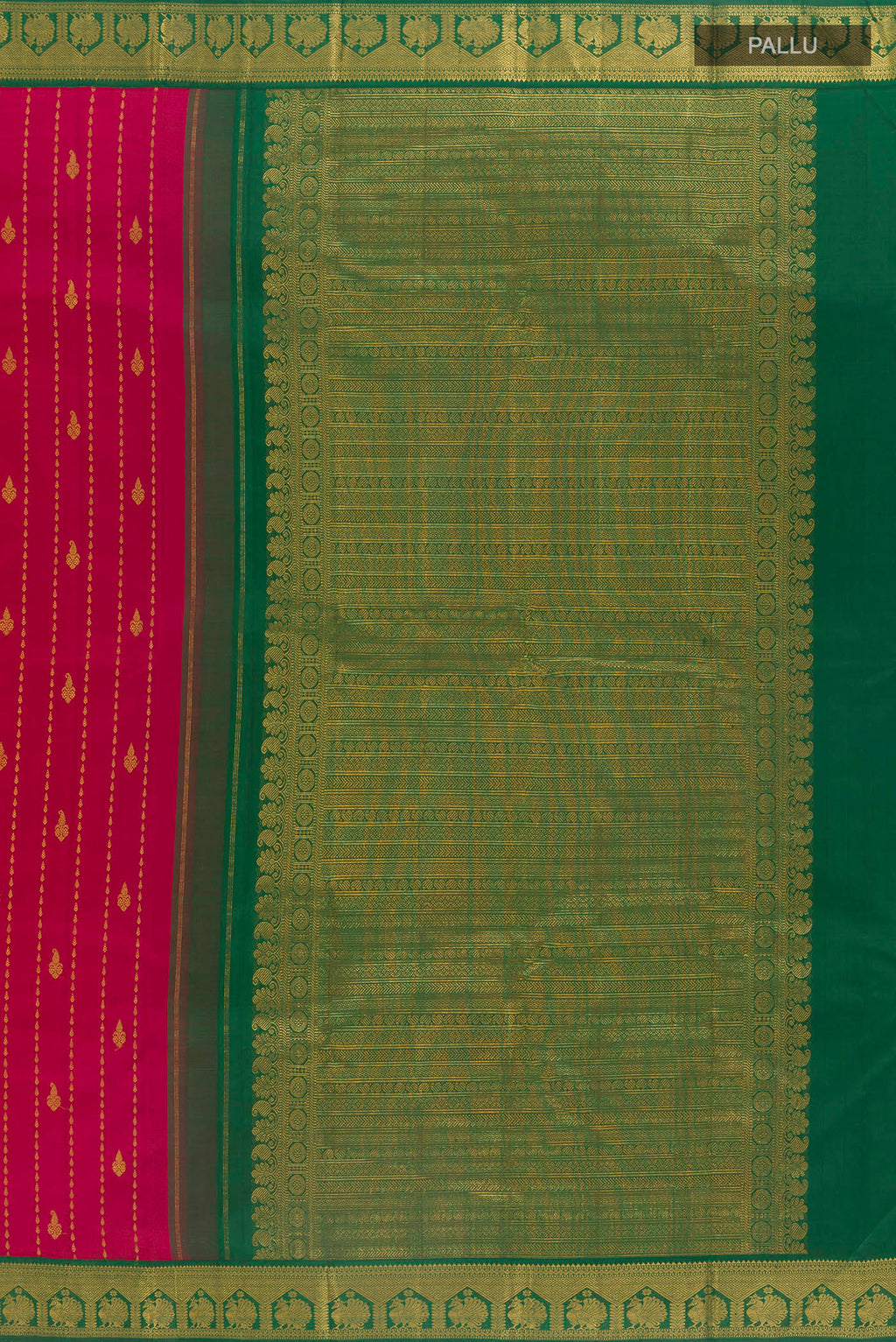 Close up image of the pallu of Pure Silk Red Kanjivaram Saree with Zari Butta on the body and Zari Border. 