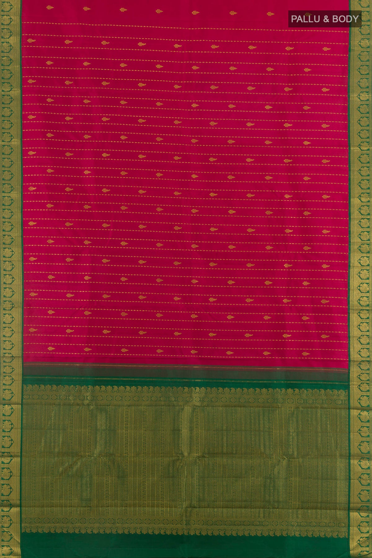 Flat view of Pure Silk Red Kanjivaram Saree with Zari Butta on the body and Zari Border. 