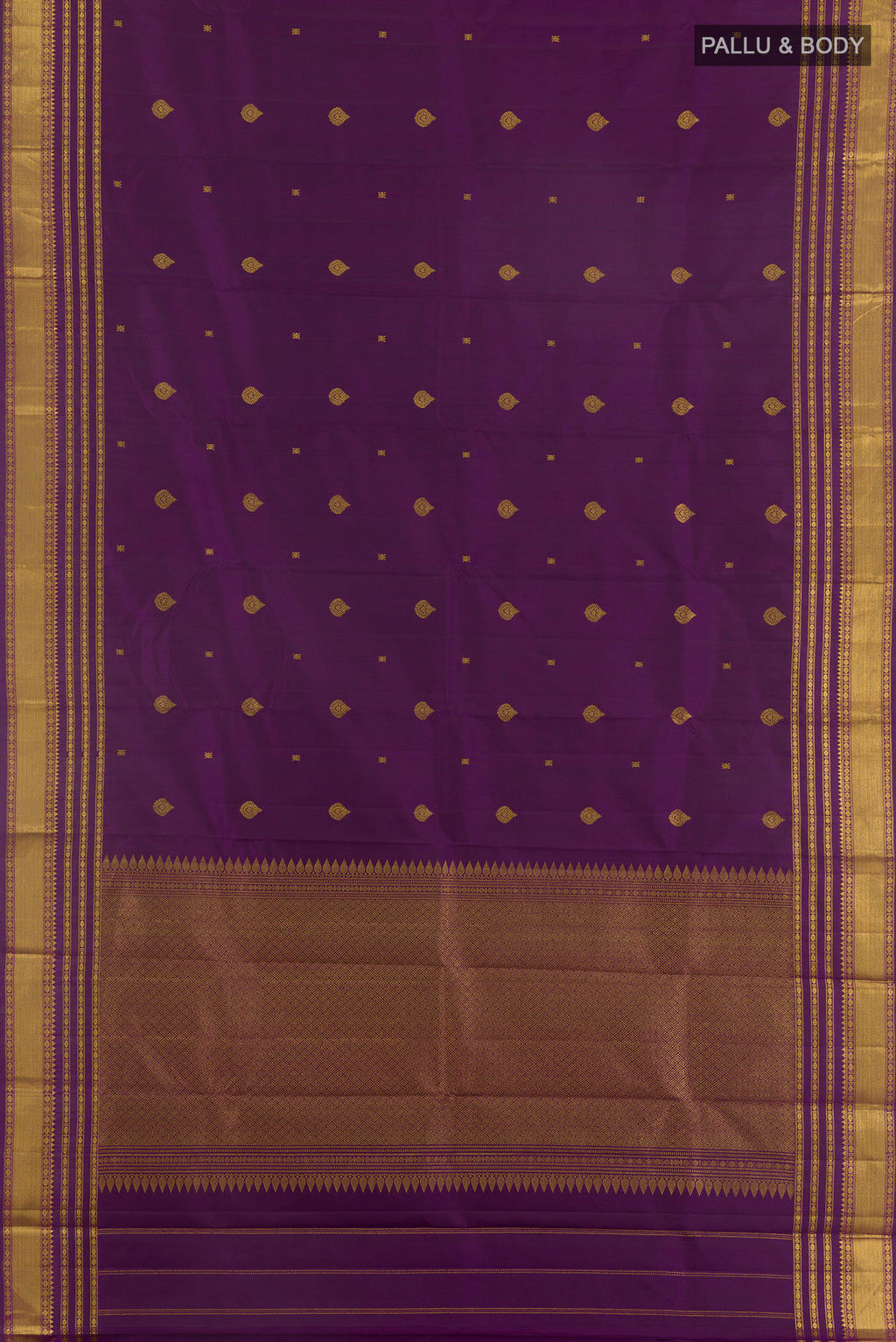 Flat view of Pure Silk Purple Kanchipuram Saree with Zari Butta on the body and Zari Border. 