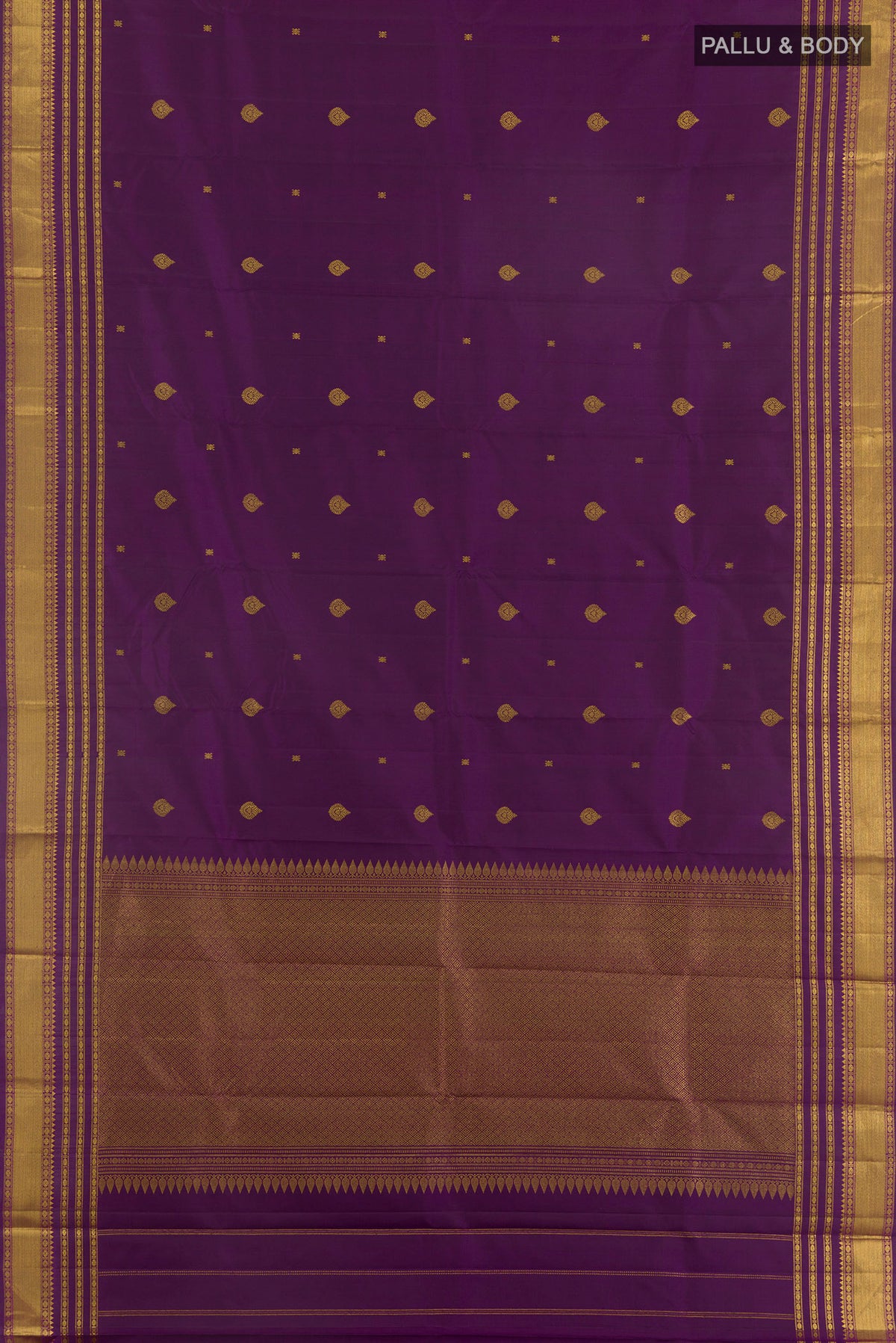 Flat view of Pure Silk Purple Kanchipuram Saree with Zari Butta on the body and Zari Border. 